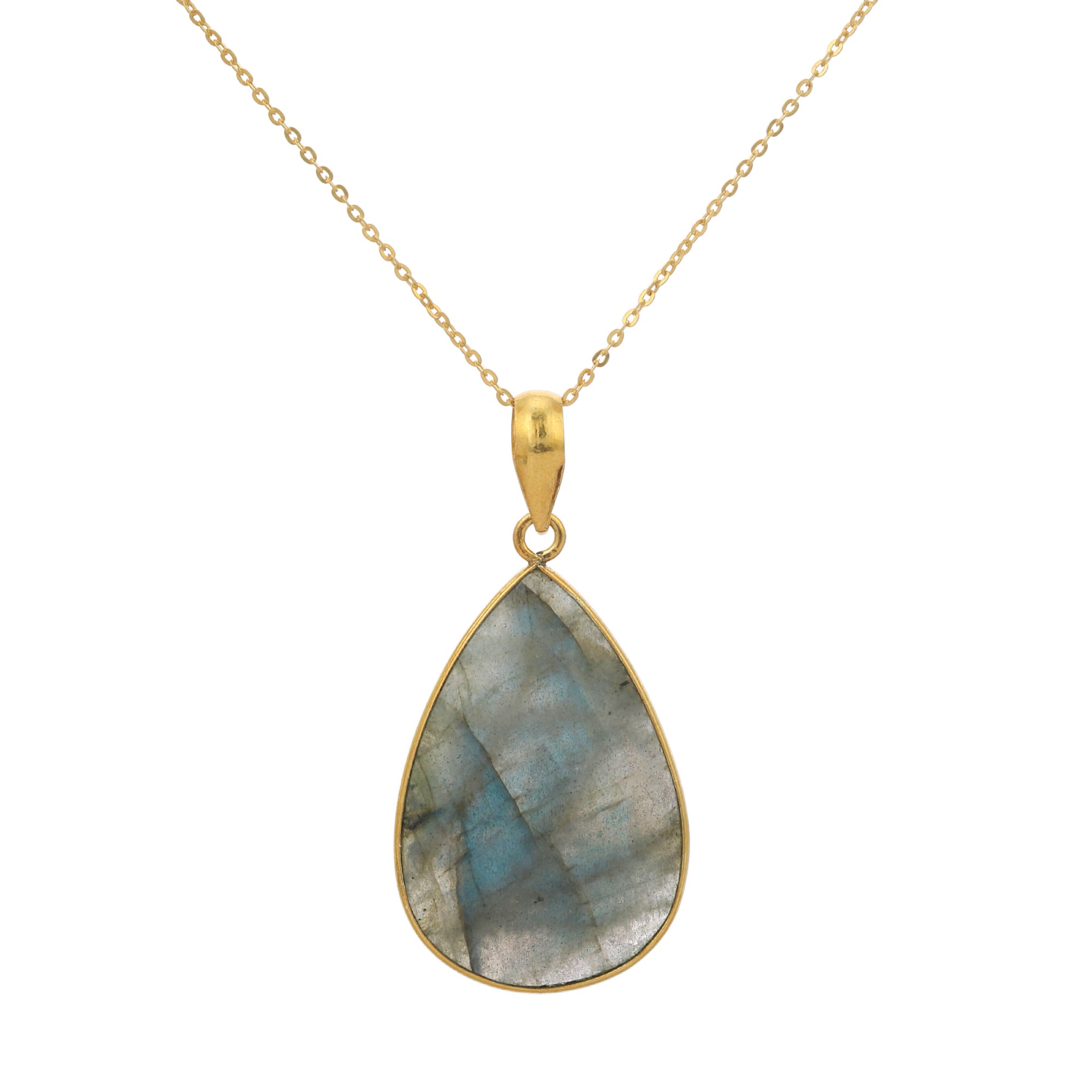 Sterling Silver Necklaces 925 Sterling Silver Natural Labradorite Gold Plated Pendant Chain Necklaces (VVJGN 03)