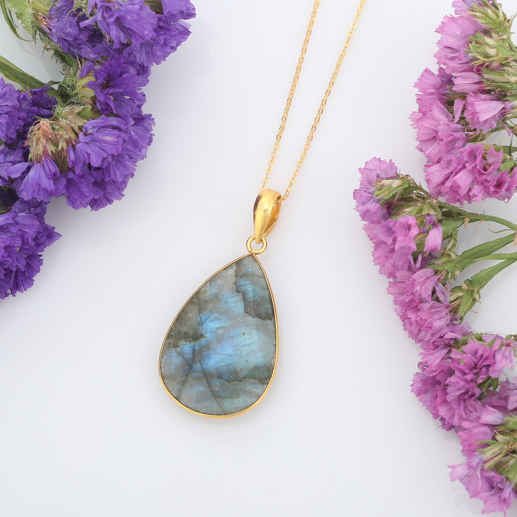 Sterling Silver Necklaces 925 Sterling Silver Natural Labradorite Gold Plated Pendant Chain Necklaces (VVJGN 03)