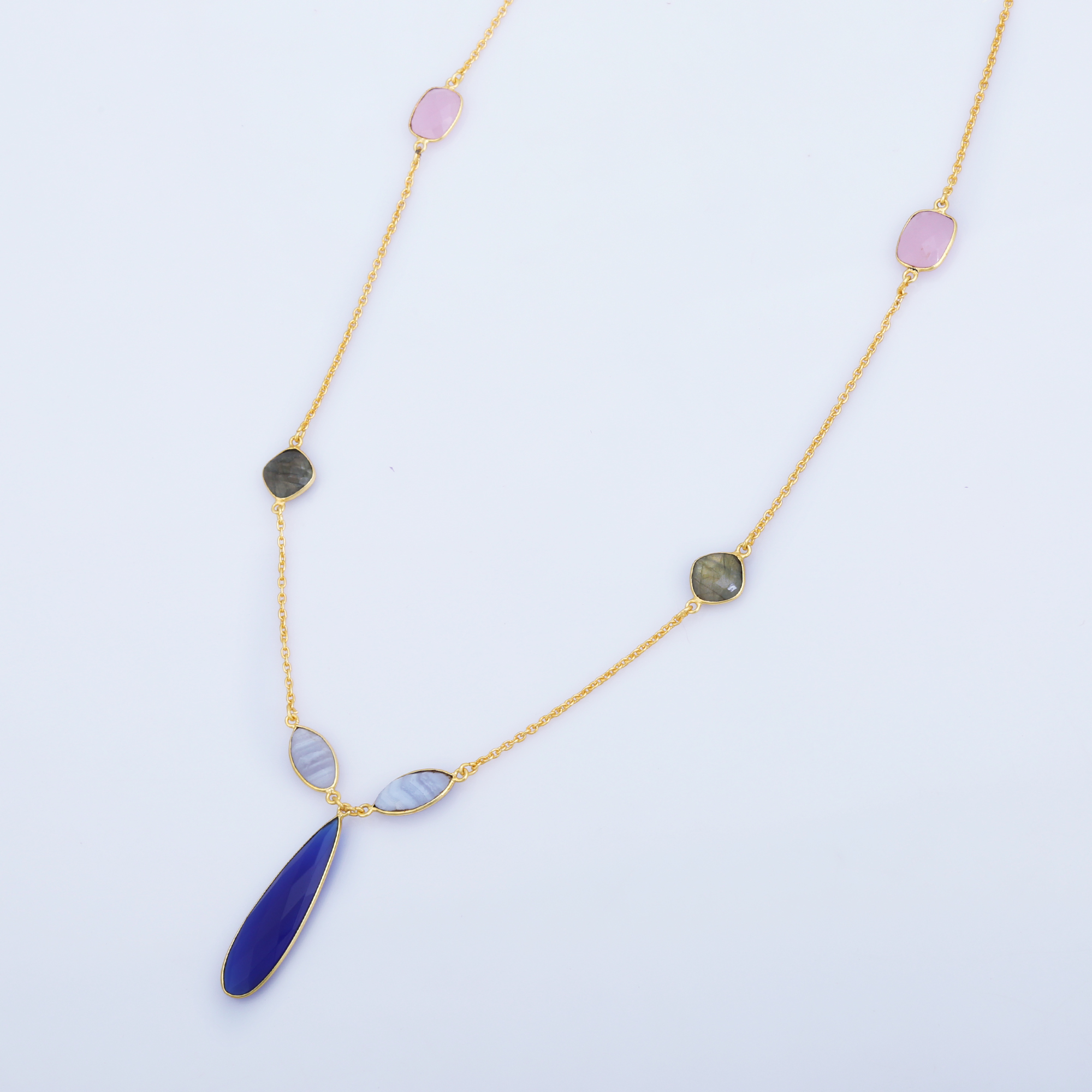 Hot Trendy 925 Sterling Silver Multi-Stone Necklace Unique Design Gold Plated Chains for Gift (VVJGN 06)