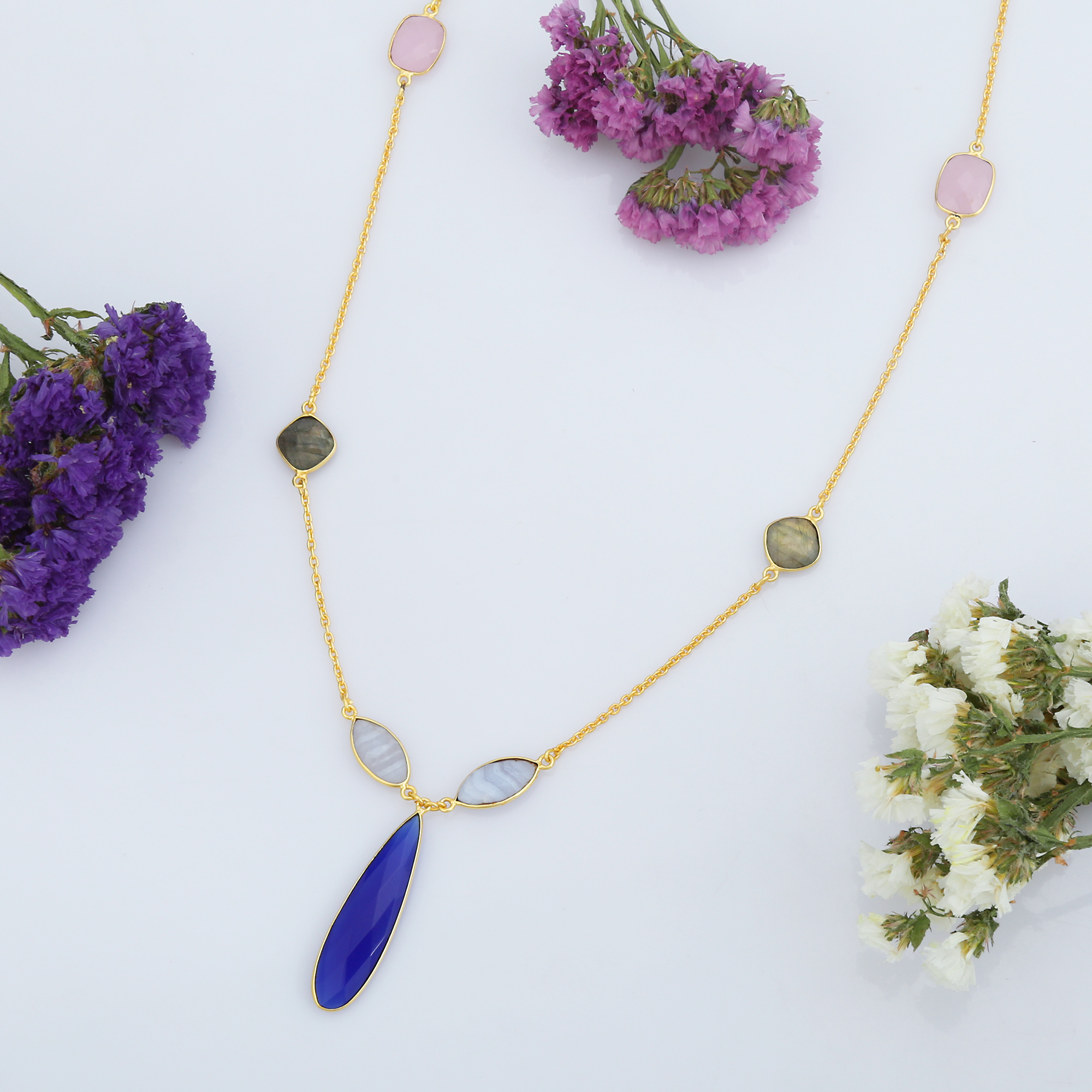 Hot Trendy 925 Sterling Silver Multi-Stone Necklace Unique Design Gold Plated Chains for Gift (VVJGN 06)