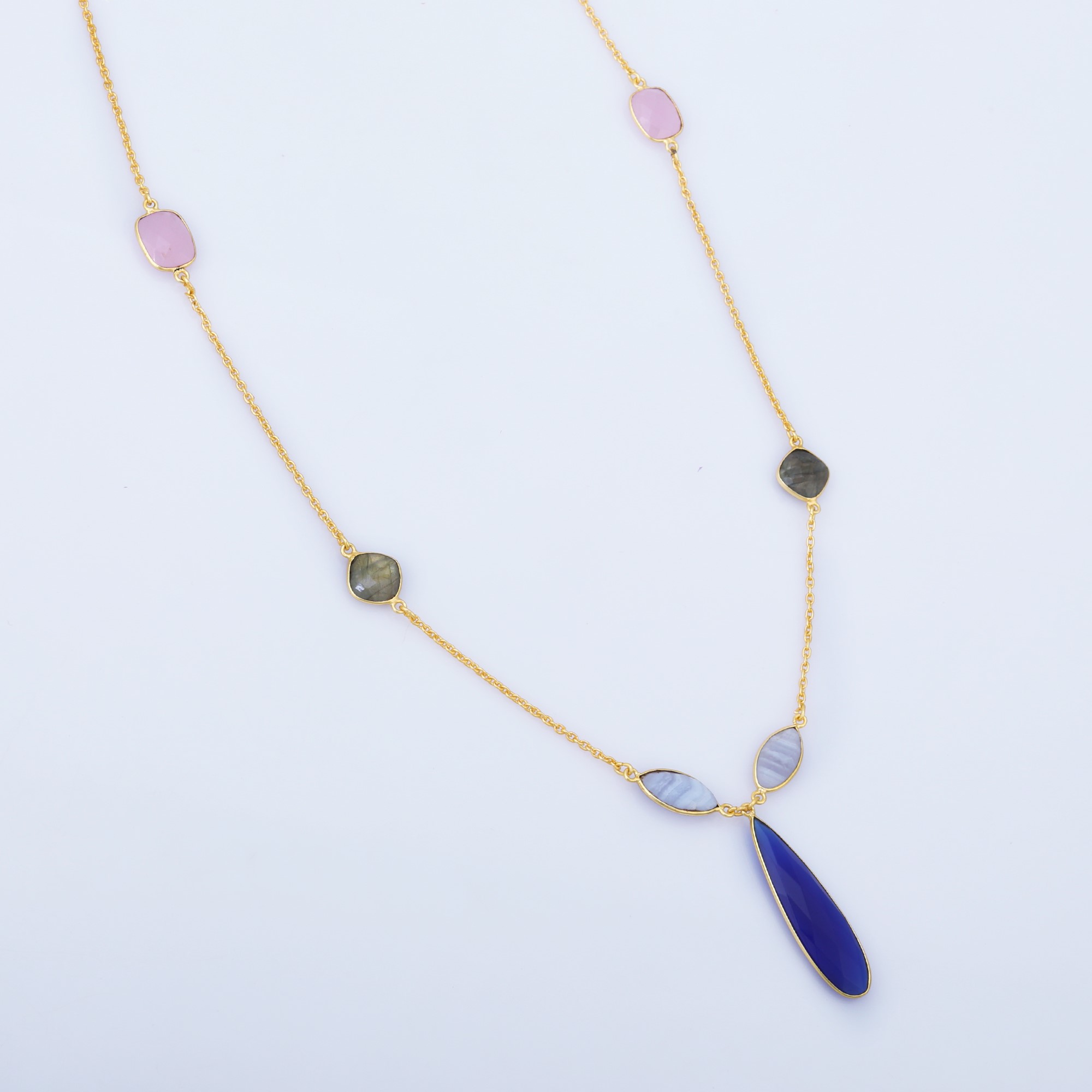 Hot Trendy 925 Sterling Silver Multi-Stone Necklace Unique Design Gold Plated Chains for Gift (VVJGN 06)