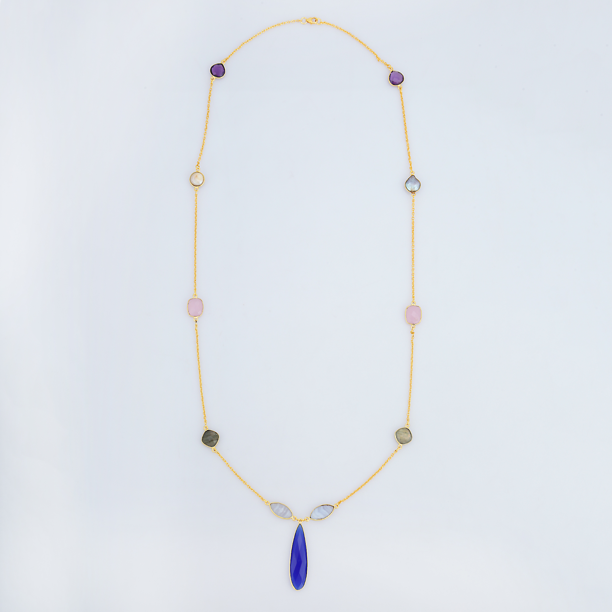 Hot Trendy 925 Sterling Silver Multi-Stone Necklace Unique Design Gold Plated Chains for Gift (VVJGN 06)