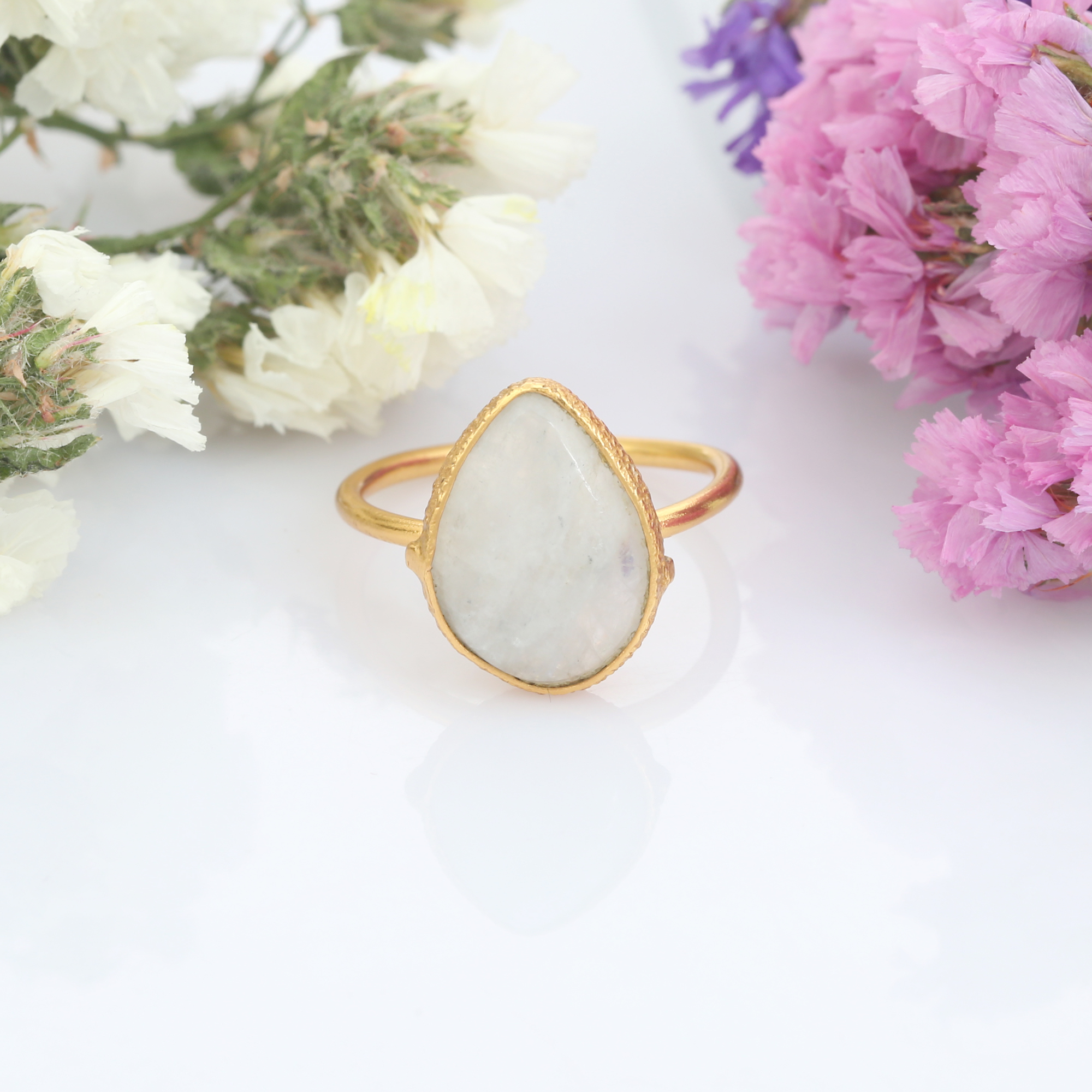 Natural White Rainbow Gemstone Ring 18K Gold Plated 925 Sterling Silver Handmade Bezel Setting Trendy Pear Shape (VVJGR 02)