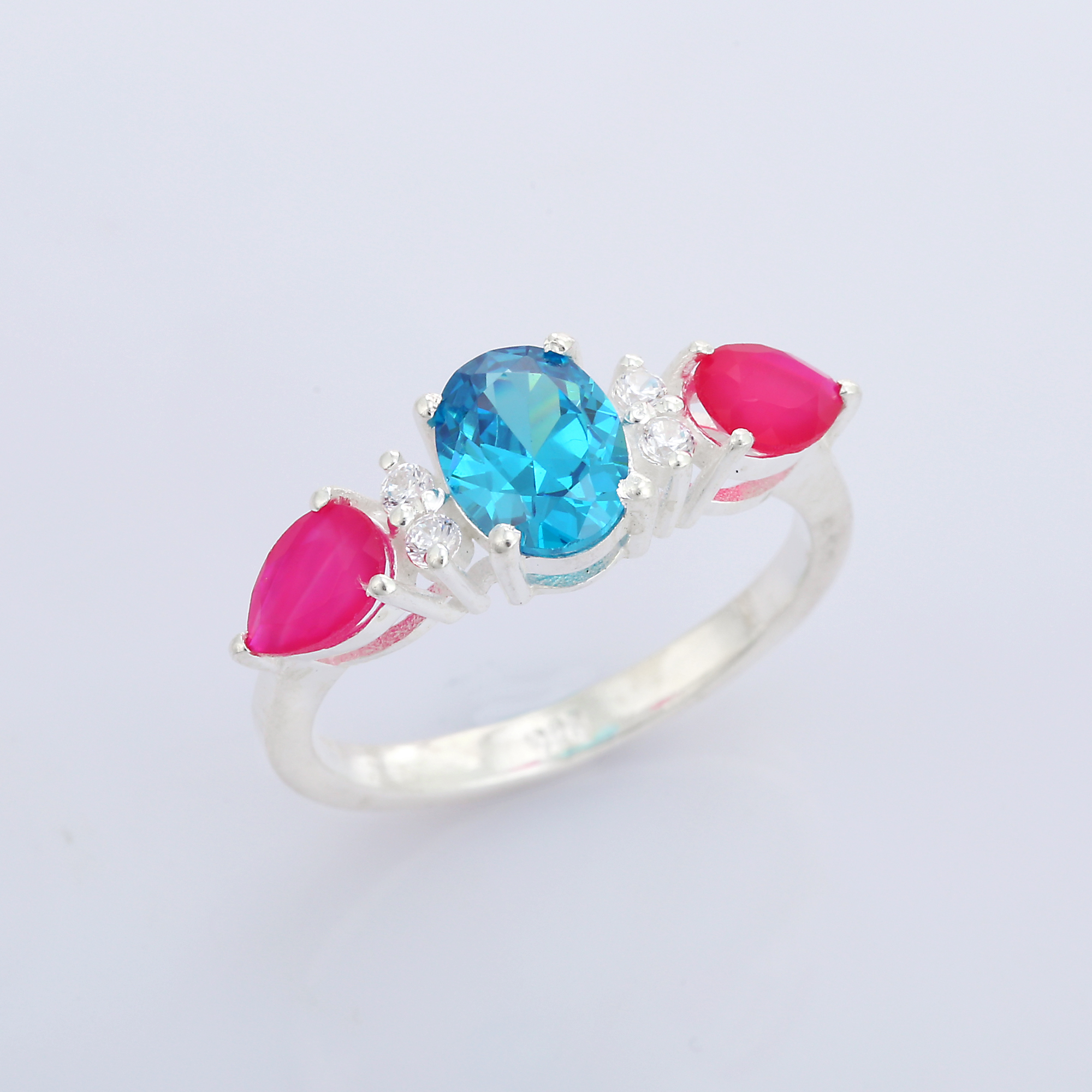 Hight Quality Hydro Blue Topaz and Natural Fuchsia and CZ 925 Sterling Silver for Women and Girl Ring (VVJGR 07)