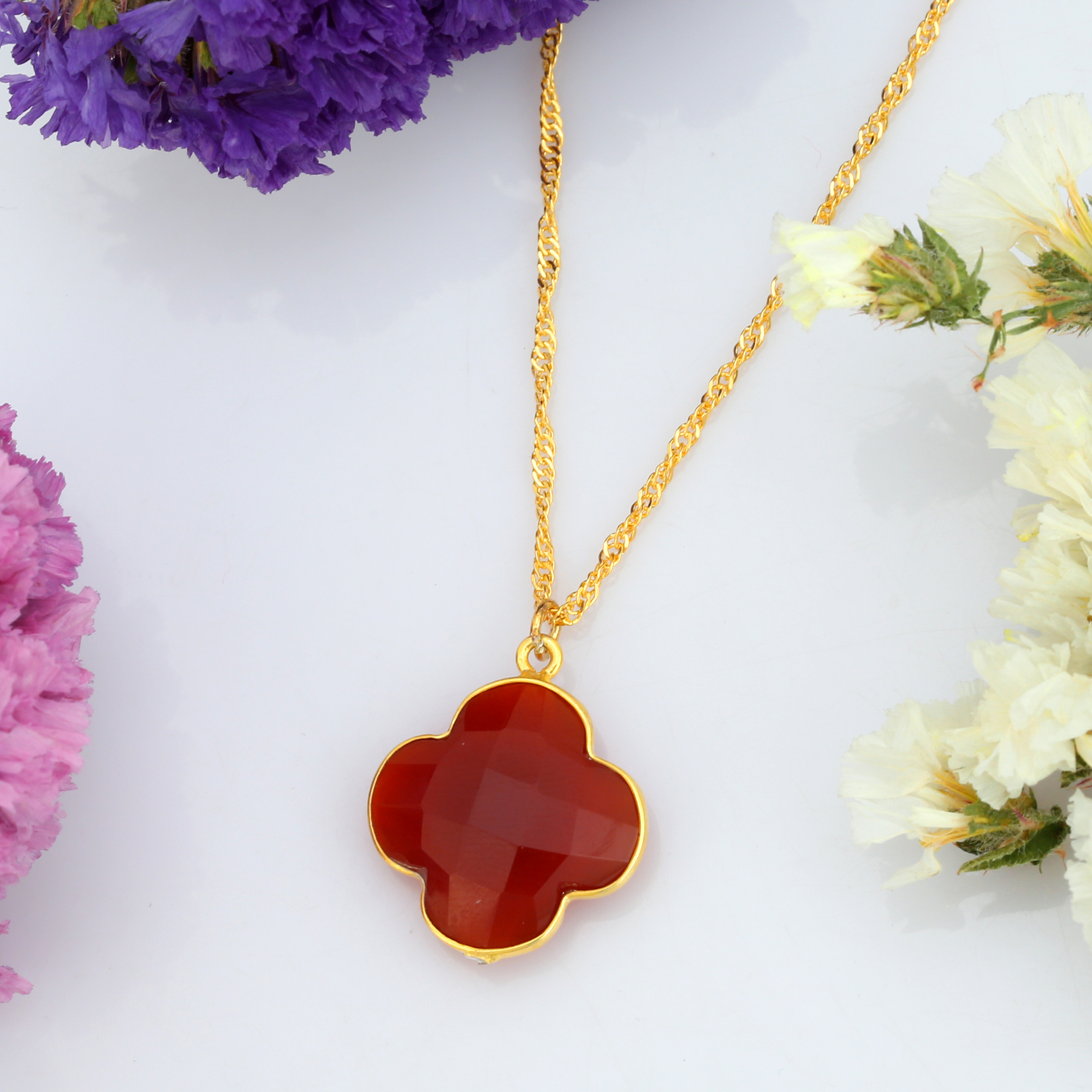 Hot Selling Red Coral Chalcedony Necklaces With Chain Fashion 925 Sterling Silver 18k Gold Plated (VVJGN 16)