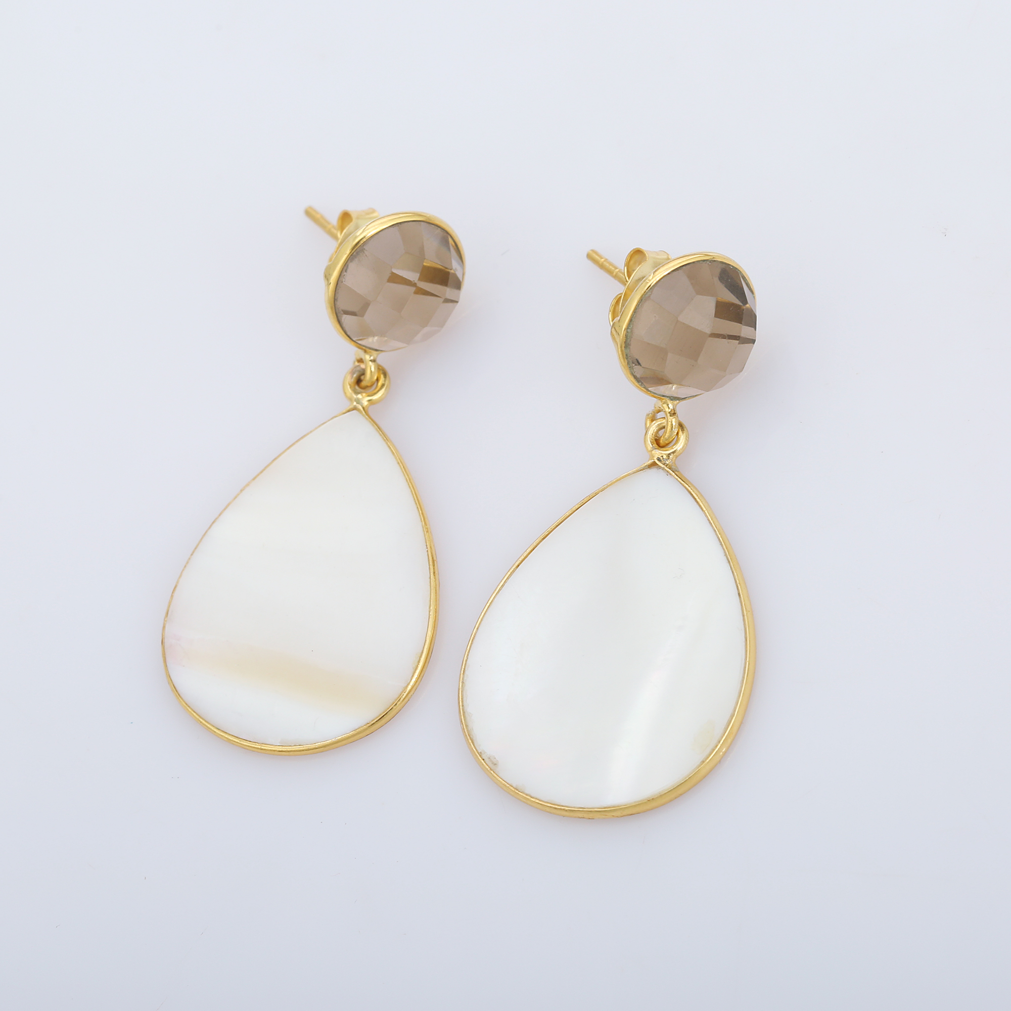 Stylish Smokey and Mother of Pearl Gemstone Drop Earrings 18K Gold Plated Handmade Jewelry for Women and Girls (VVJGE 35)