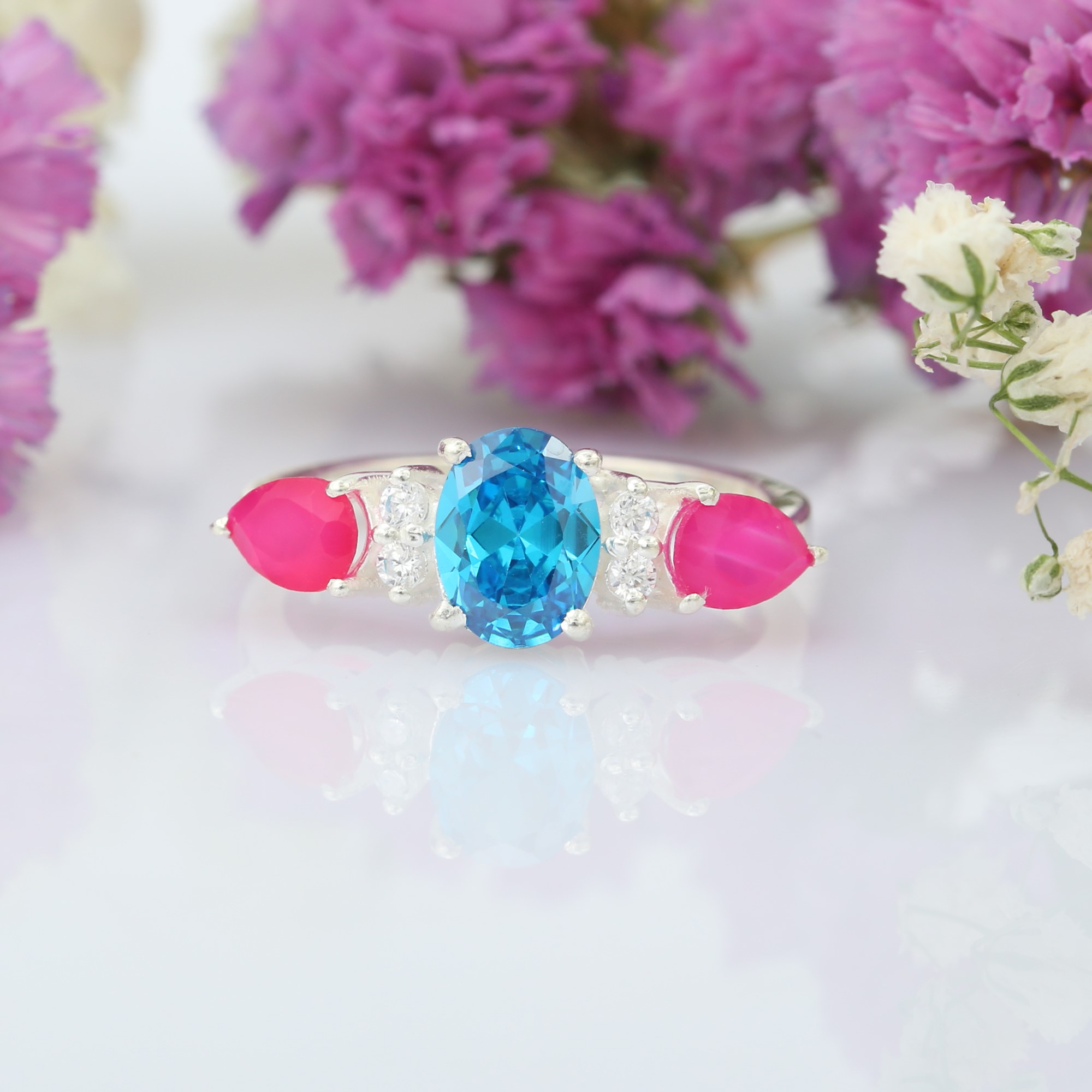 Hight Quality Hydro Blue Topaz and Natural Fuchsia and CZ 925 Sterling Silver for Women and Girl Ring (VVJGR 07)
