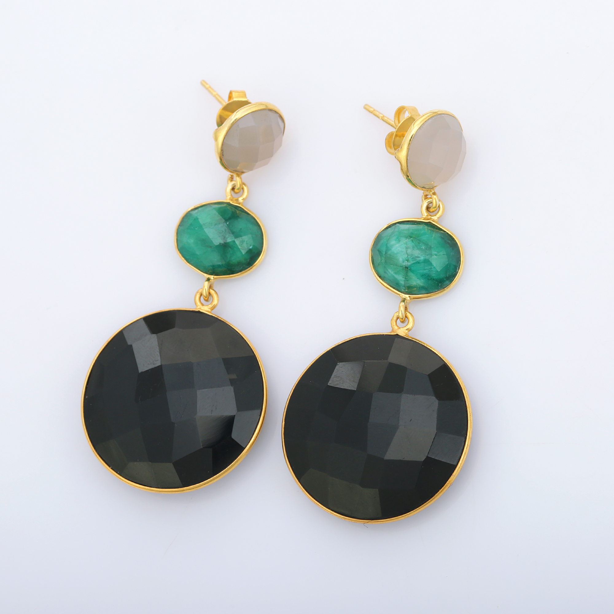 Natural Grey and Dyed Emerald and Beautiful Black Chalcedony Gemstone Long Earring Drop Earring for Women and Girls (VVJGE 40)