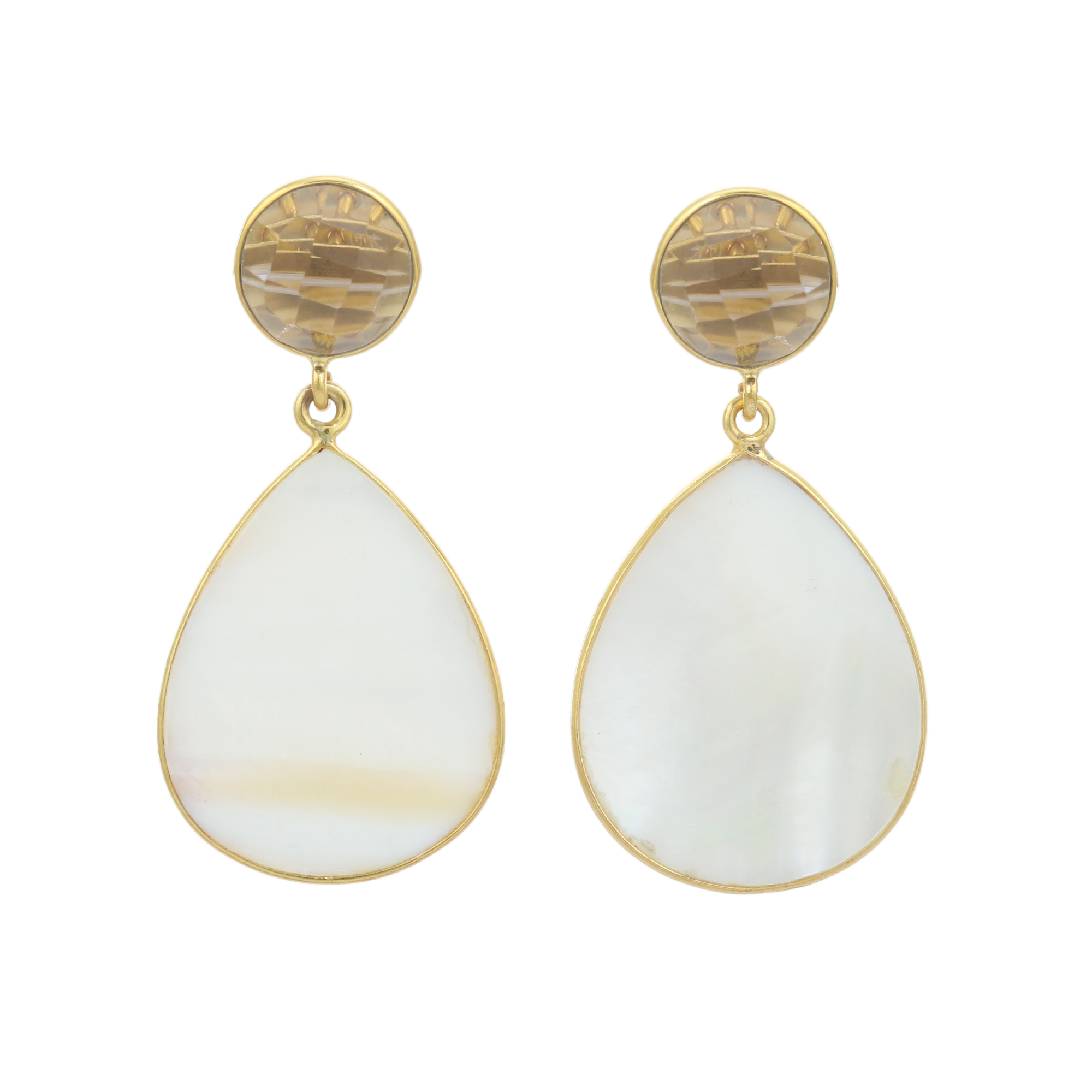 Stylish Smokey and Mother of Pearl Gemstone Drop Earrings 18K Gold Plated Handmade Jewelry for Women and Girls (VVJGE 35)