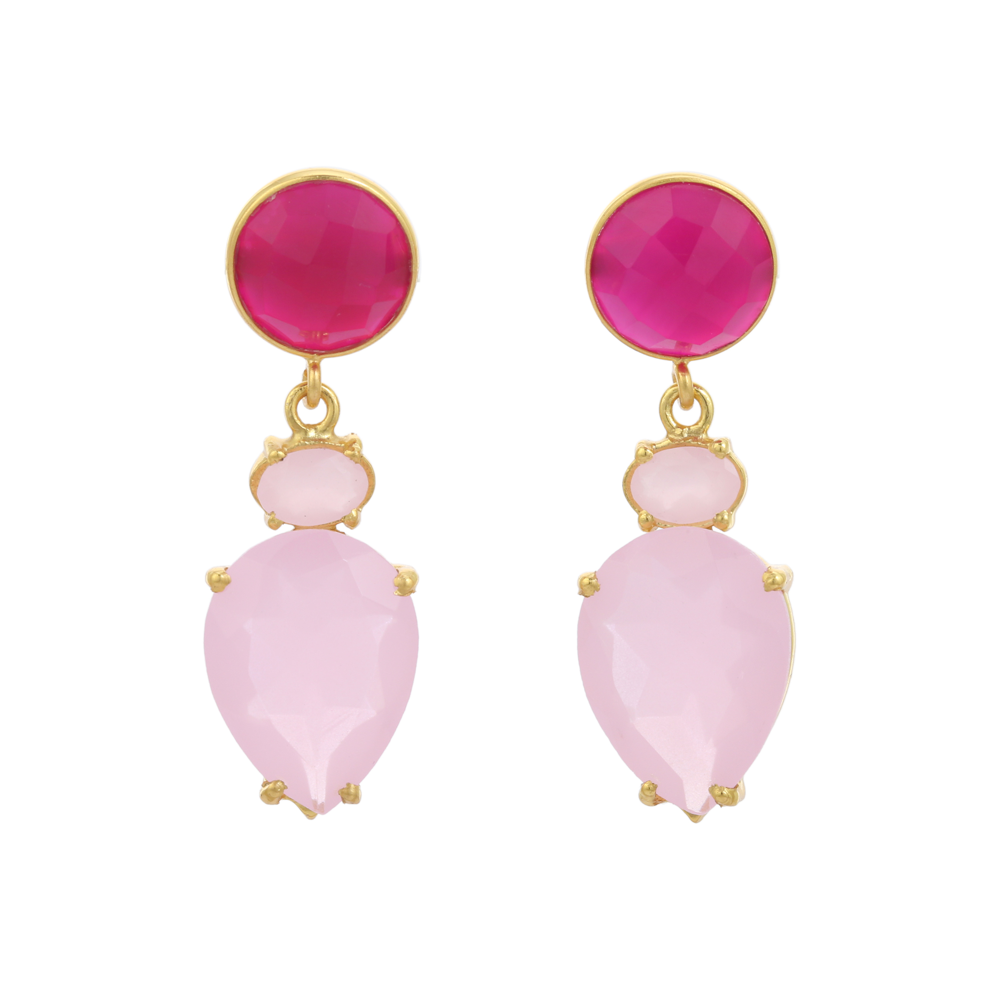 Top Selling Natural Fuchsia and Pink Rose Chalcedony Beautiful Fancy Earring Gold Plated Drop Earring for Girls and Women (VVJGE 39)