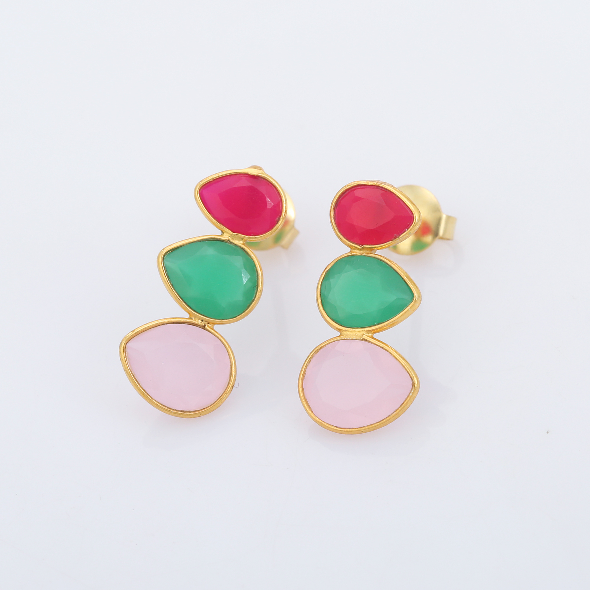 Hot Selling Beautiful Natural Fuchsia, Green Onyx and Pink Rose Stone Earring Gold Plated Lovely Earring for Girls and Women (VVJGE 30)
