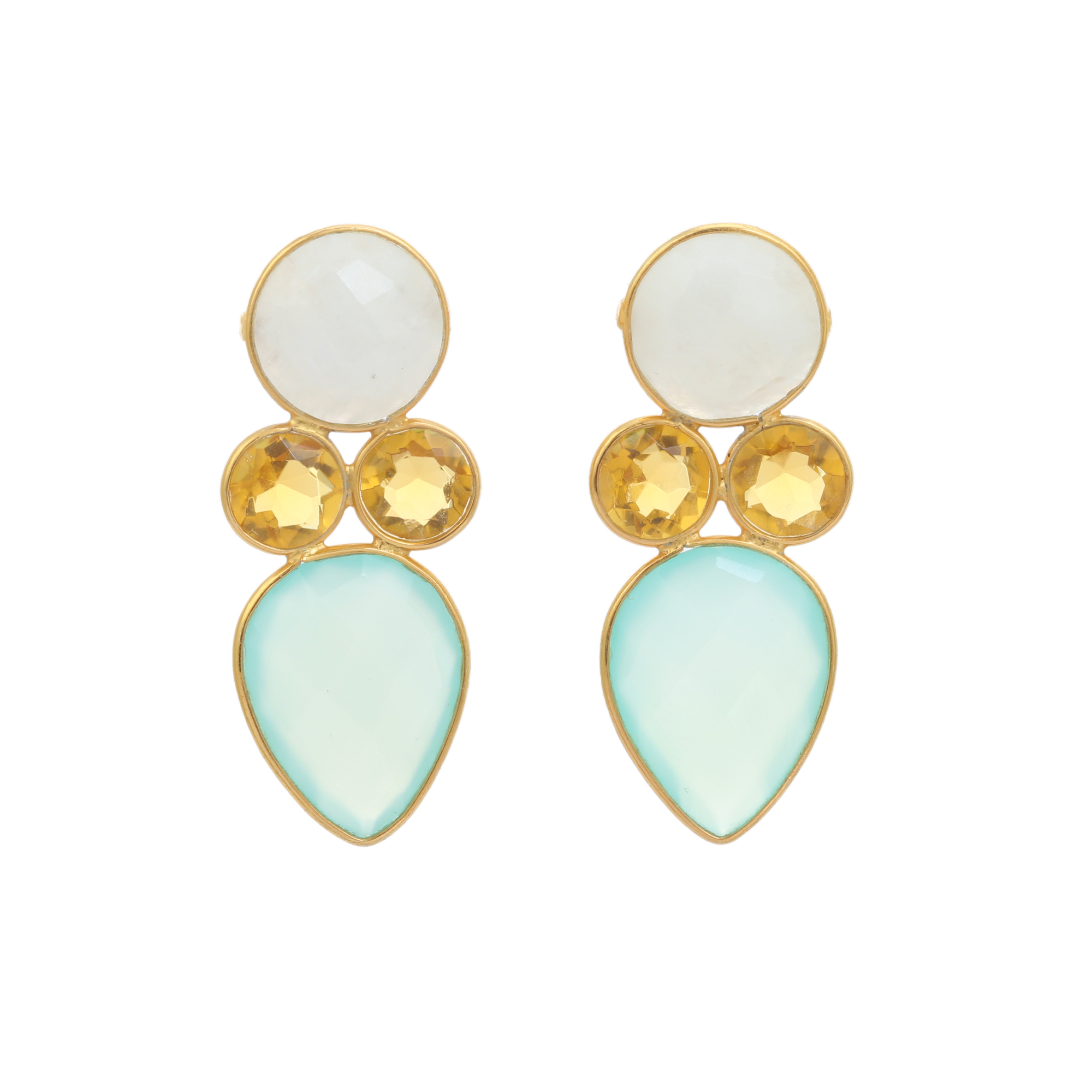 Natural White Rainbow Citrine Aqua Chalcedony Fancy Earrings 18K Gold Plated Handmade Jewelry for Women and Girls (VVJGE 32)