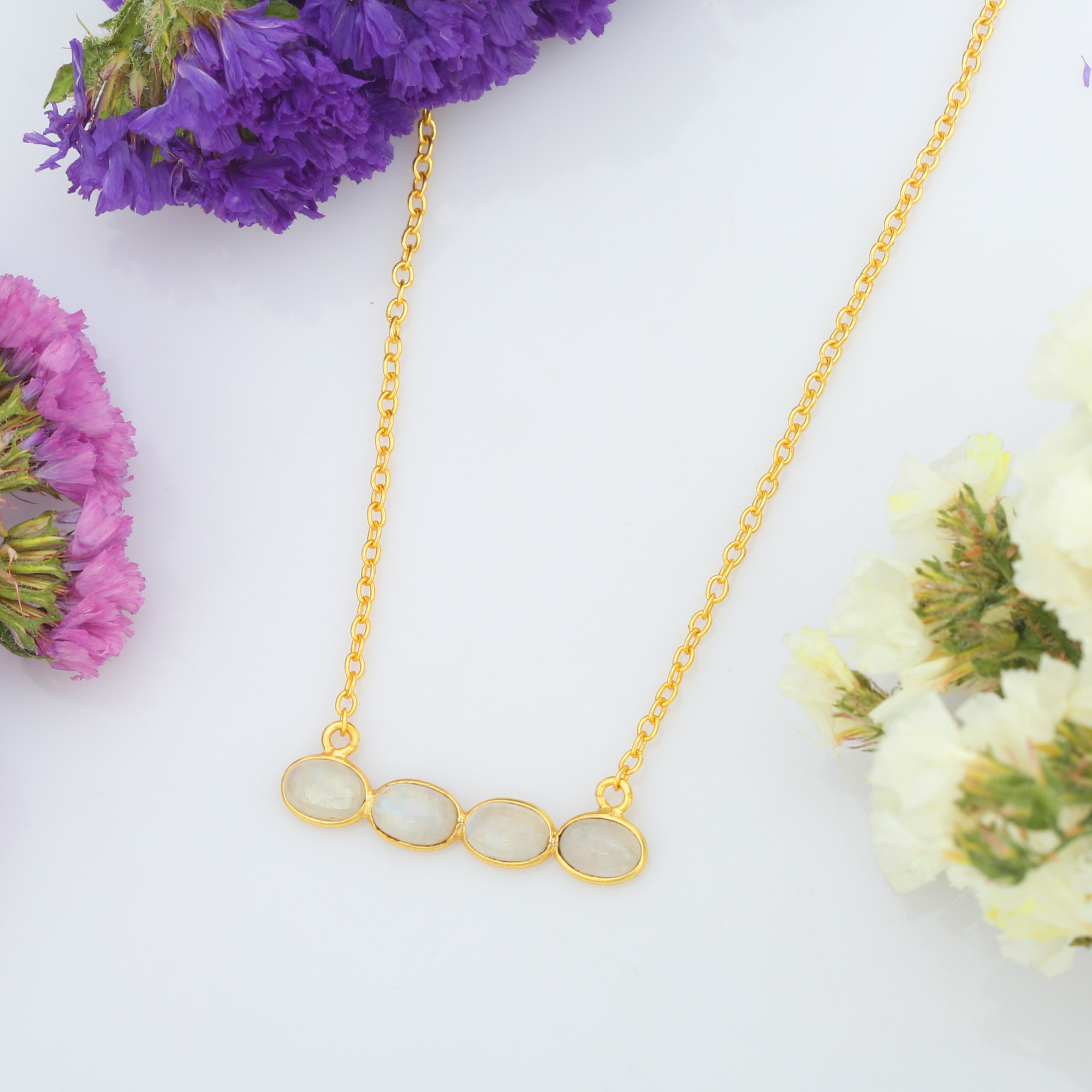 New Arrivals Rainbow Moonstone 925 Sterling Silver 18k Gold Plated Necklace Pendant With Necklace (VVJGN 14)