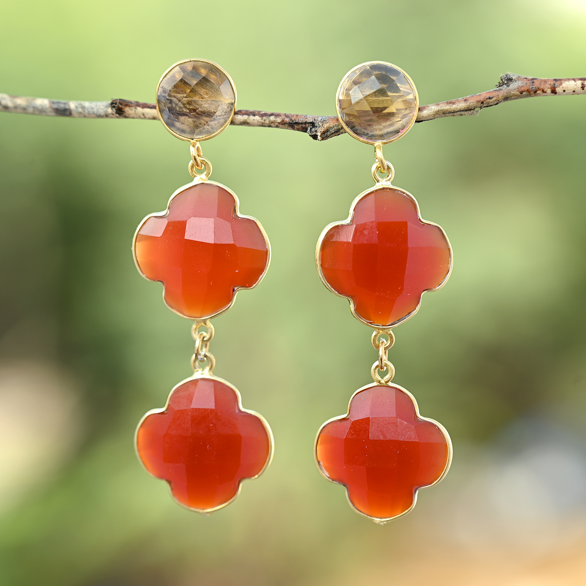 High Quality Natural Semiprecious Smokey Orange Chalcedony Gold Plated Drop Earrings for Women Fashionable (VVJGE 29)