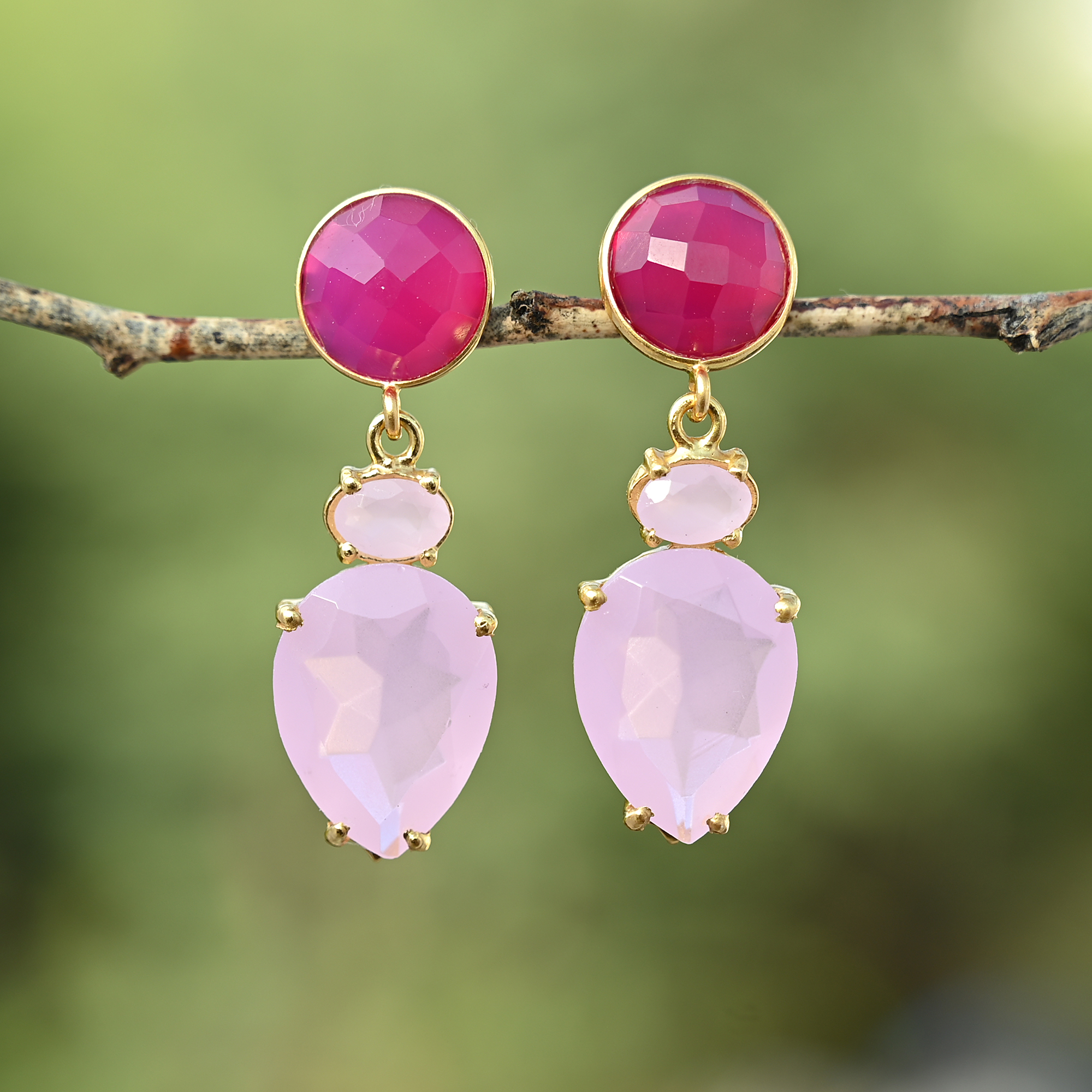 Top Selling Natural Fuchsia and Pink Rose Chalcedony Beautiful Fancy Earring Gold Plated Drop Earring for Girls and Women (VVJGE 39)