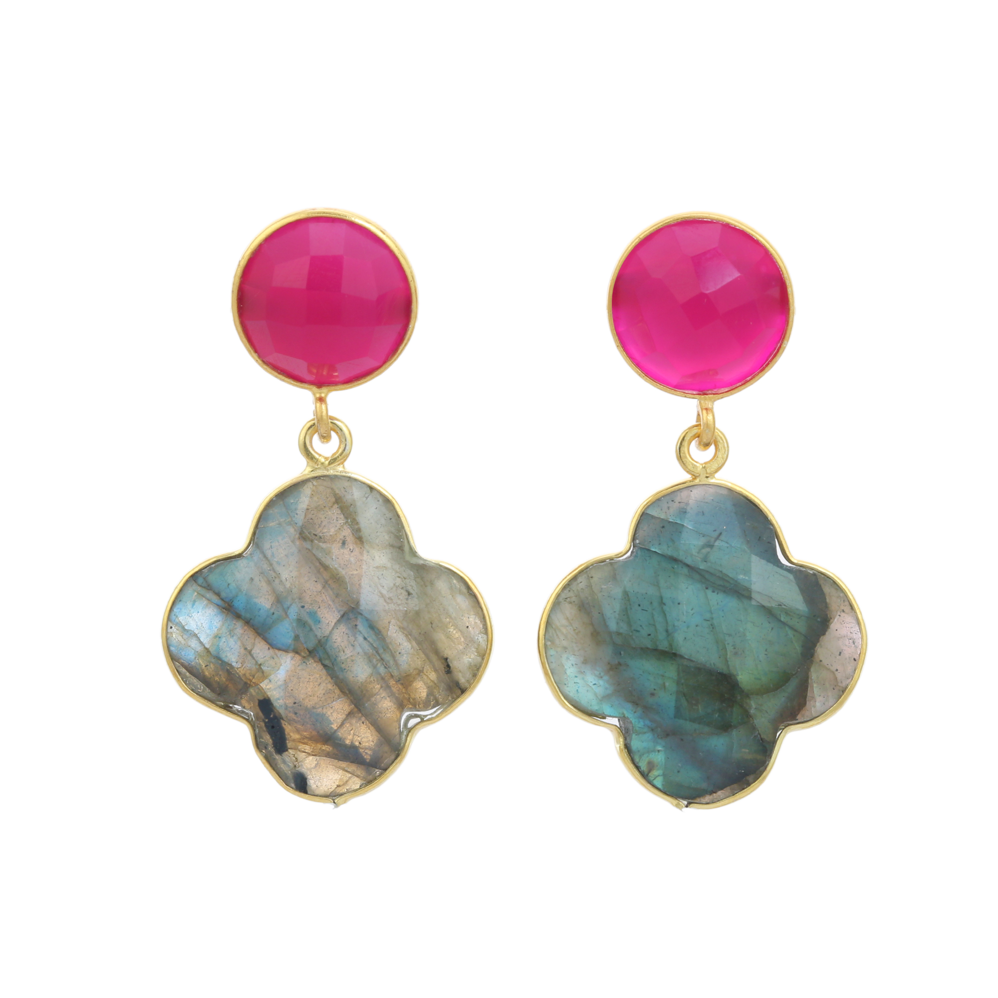 Hot Selling Gold Plated Fancy Shape Earrings Natural Fuchsia Labradorite Drop for Women and Girls Beautiful Design (VVJGE 42)