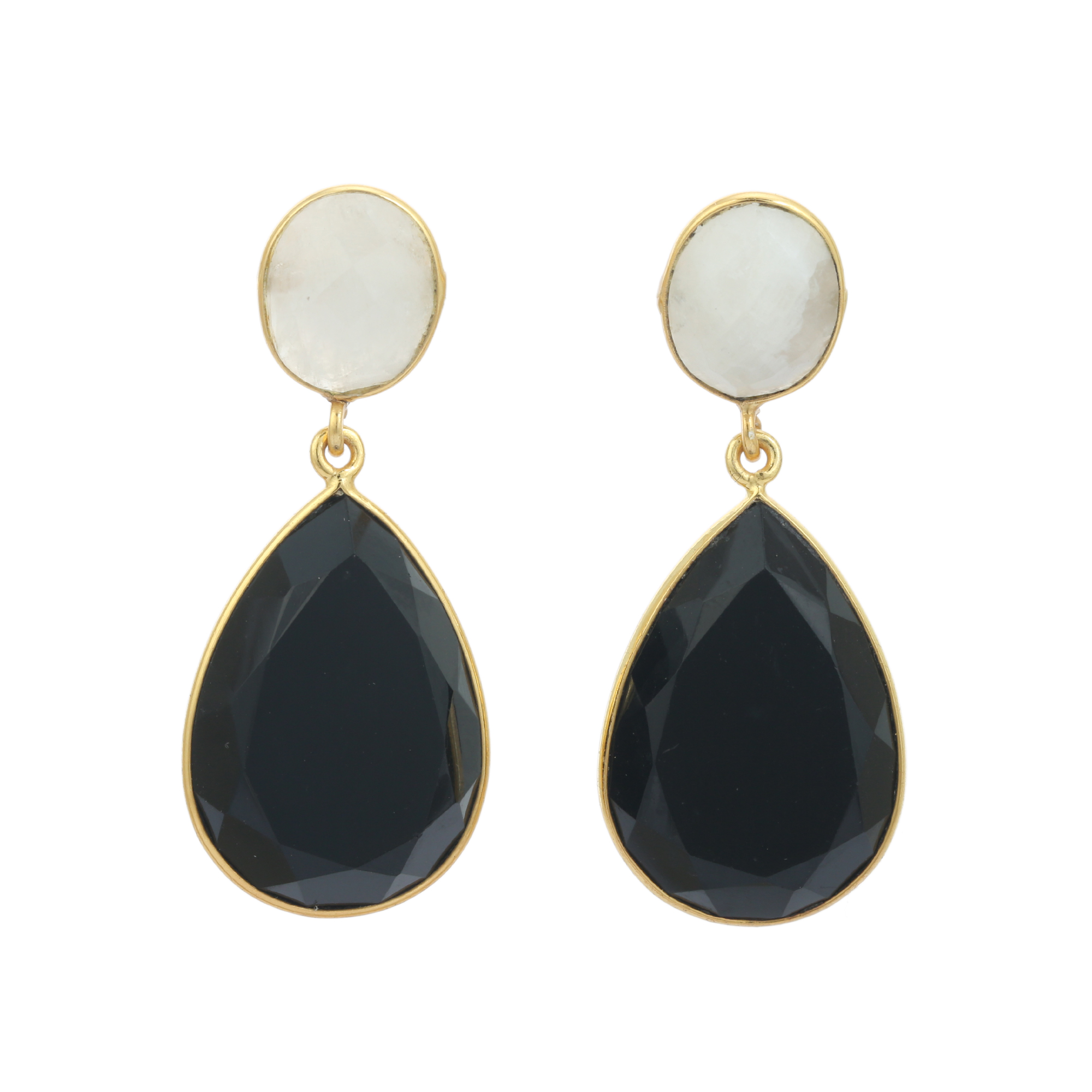 Women's Gold-Plated Oval Pear Shape Fancy Drop Earrings Natural White Rainbow Black Chalcedony Fashion Jewelry for Girls (VVJGE 34)