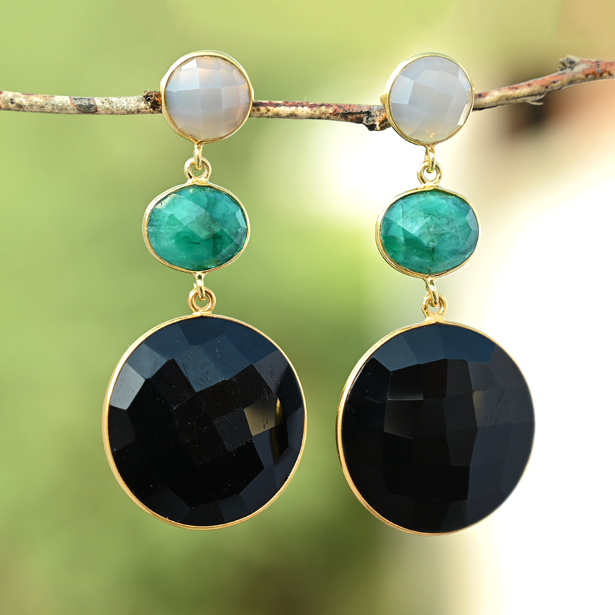 Natural Grey and Dyed Emerald and Beautiful Black Chalcedony Gemstone Long Earring Drop Earring for Women and Girls (VVJGE 40)