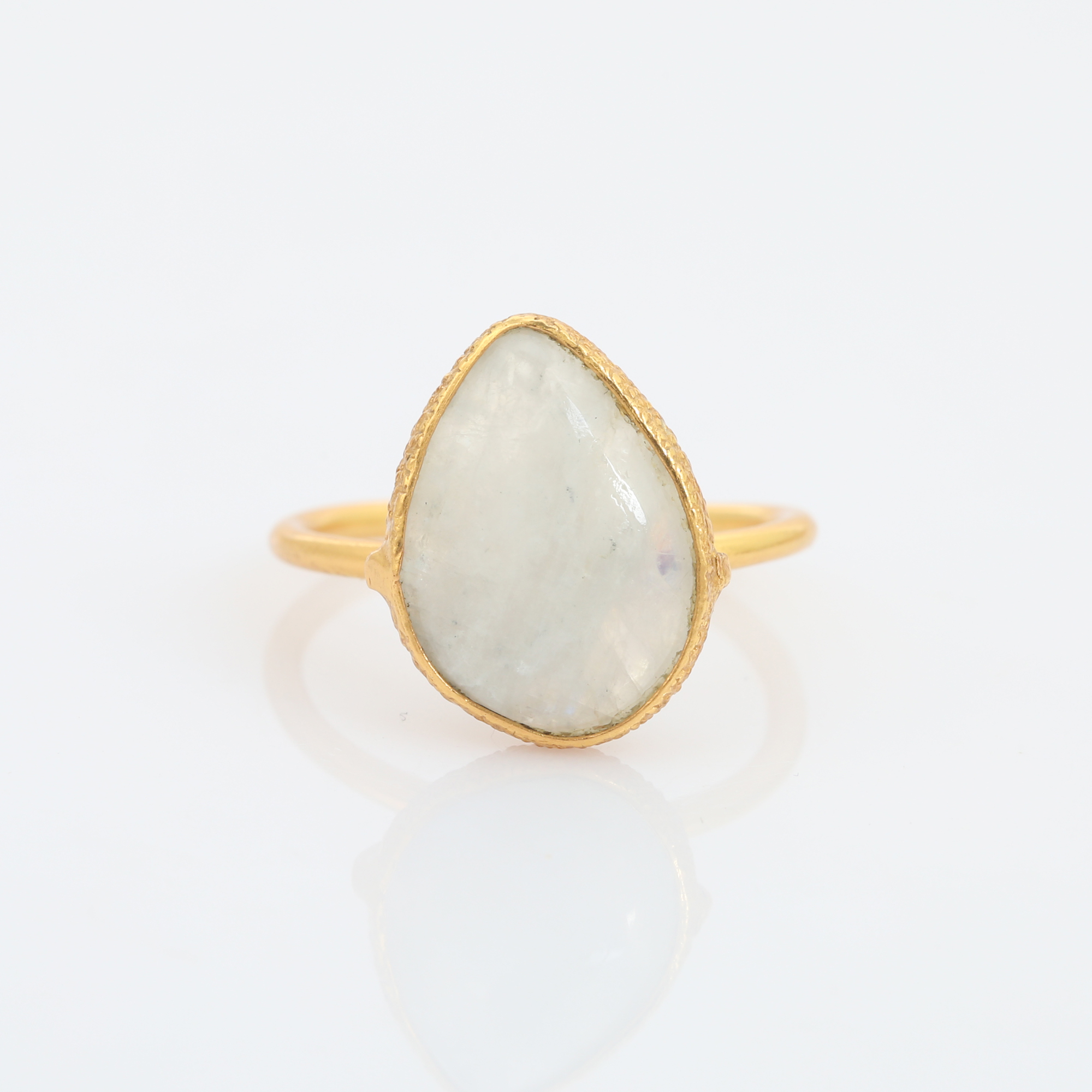 Natural White Rainbow Gemstone Ring 18K Gold Plated 925 Sterling Silver Handmade Bezel Setting Trendy Pear Shape (VVJGR 02)