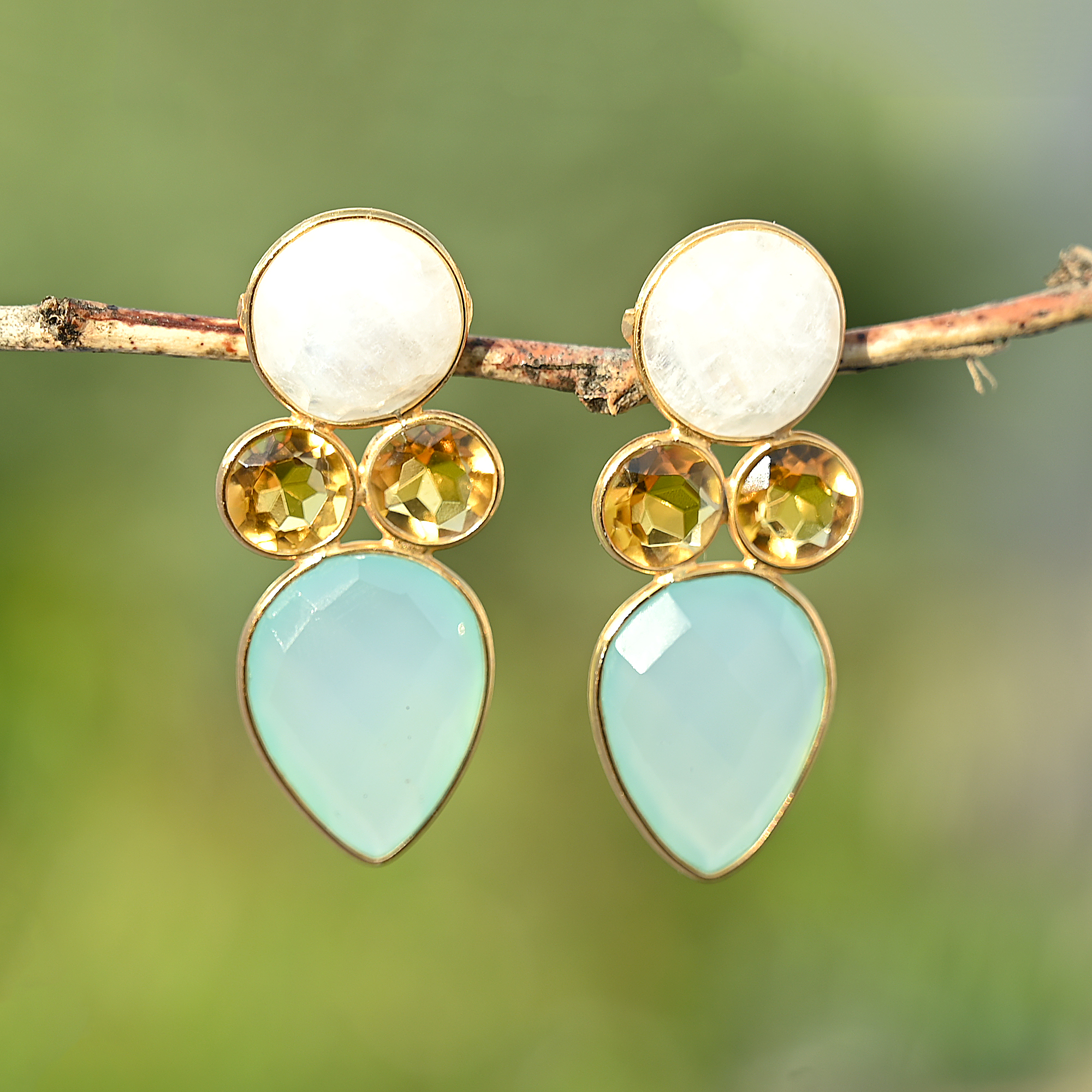 Natural White Rainbow Citrine Aqua Chalcedony Fancy Earrings 18K Gold Plated Handmade Jewelry for Women and Girls (VVJGE 32)