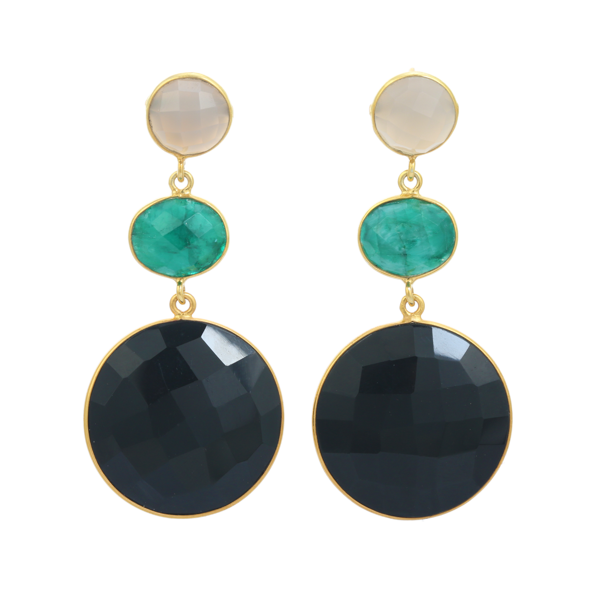 Natural Grey and Dyed Emerald and Beautiful Black Chalcedony Gemstone Long Earring Drop Earring for Women and Girls (VVJGE 40)