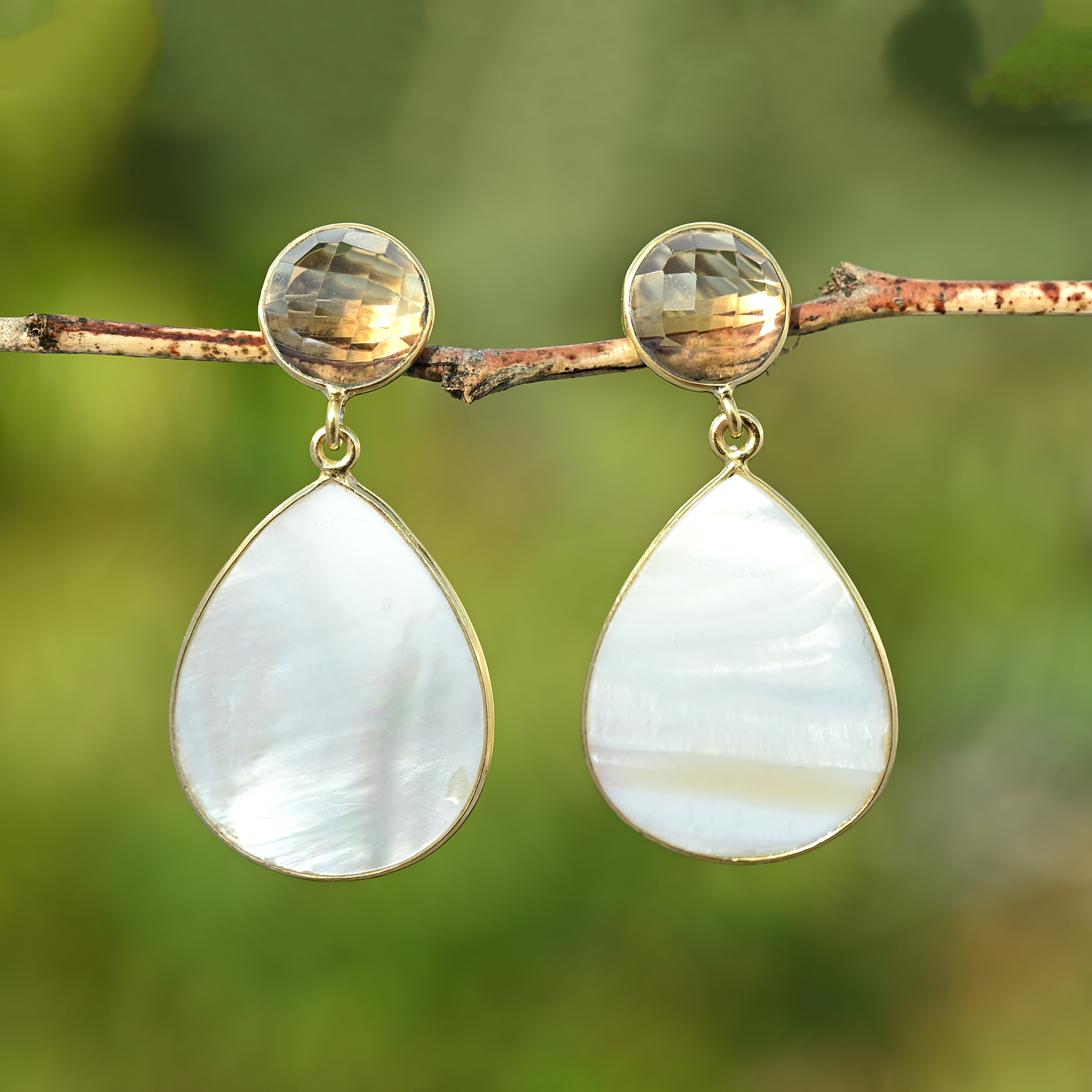 Stylish Smokey and Mother of Pearl Gemstone Drop Earrings 18K Gold Plated Handmade Jewelry for Women and Girls (VVJGE 35)