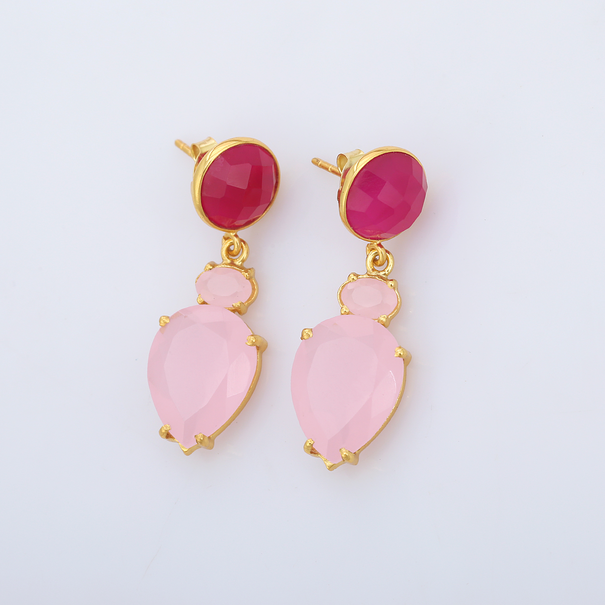 Top Selling Natural Fuchsia and Pink Rose Chalcedony Beautiful Fancy Earring Gold Plated Drop Earring for Girls and Women (VVJGE 39)