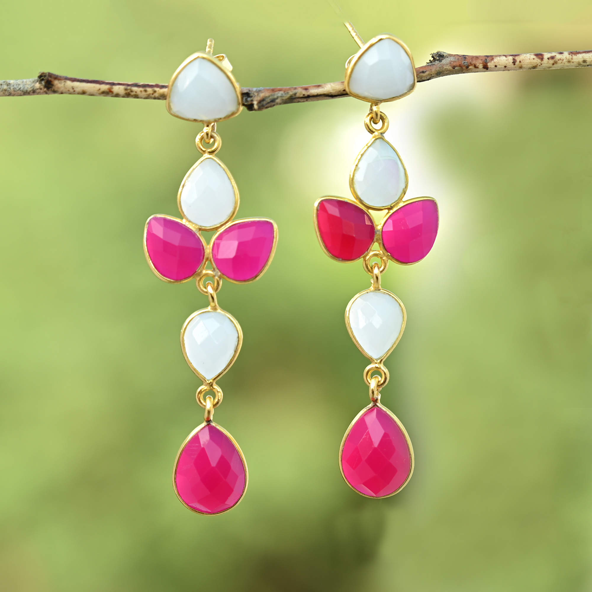 Gold Plated Fancy Design Drop Earrings Top White Milky and Natural Fuchsia Long Lovely Jewelry for Girls and Women (VVJGE 38)