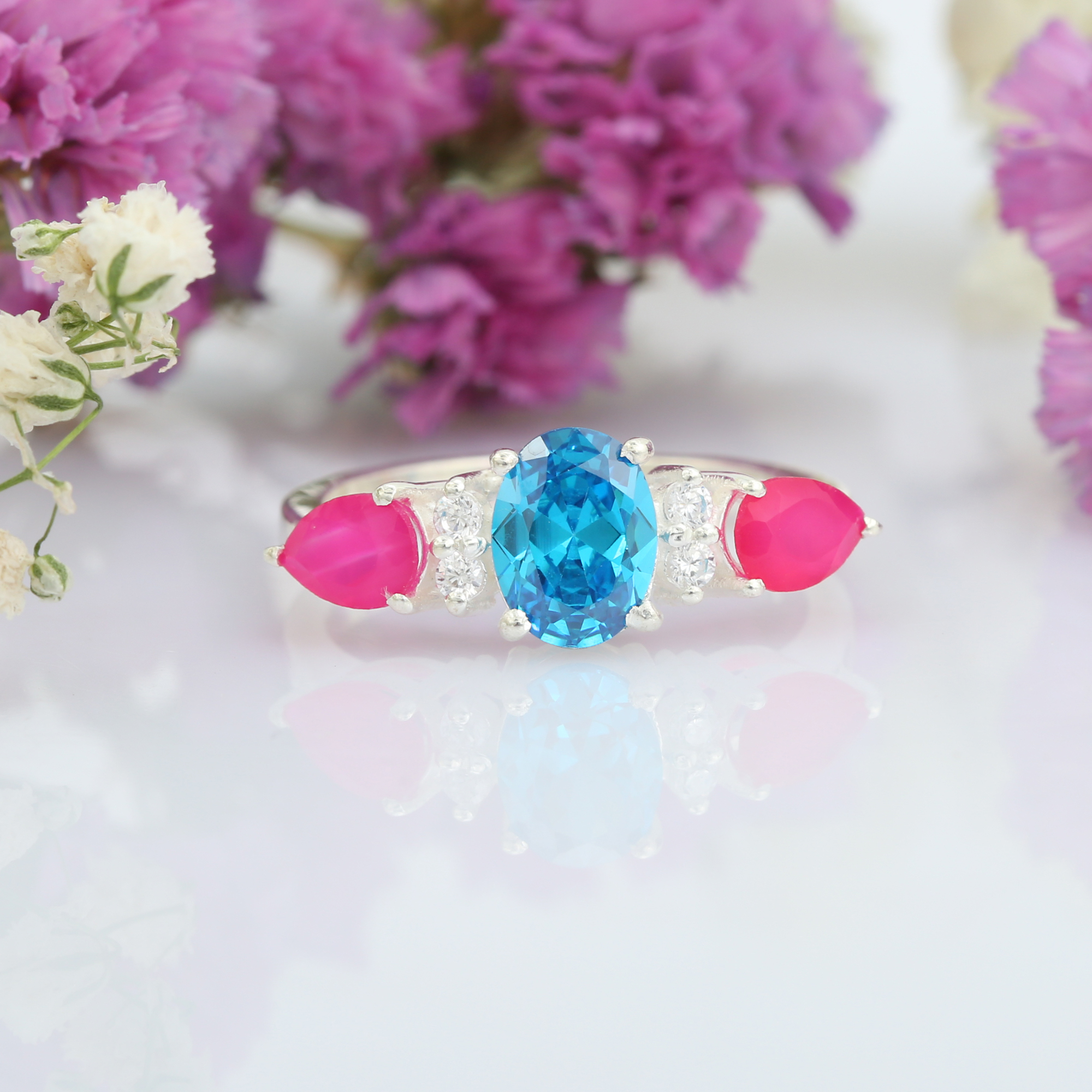 Hight Quality Hydro Blue Topaz and Natural Fuchsia and CZ 925 Sterling Silver for Women and Girl Ring (VVJGR 07)