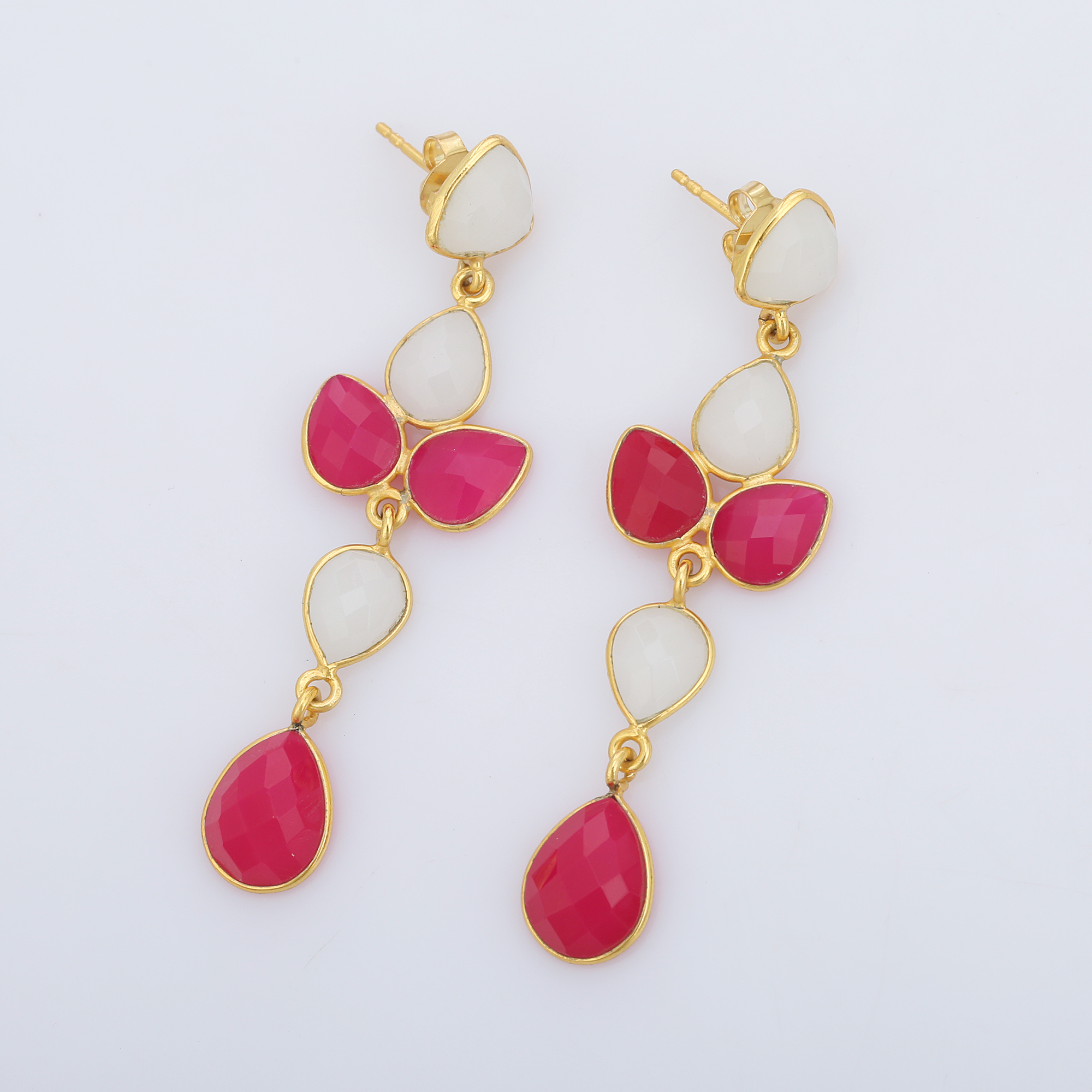 Gold Plated Fancy Design Drop Earrings Top White Milky and Natural Fuchsia Long Lovely Jewelry for Girls and Women (VVJGE 38)