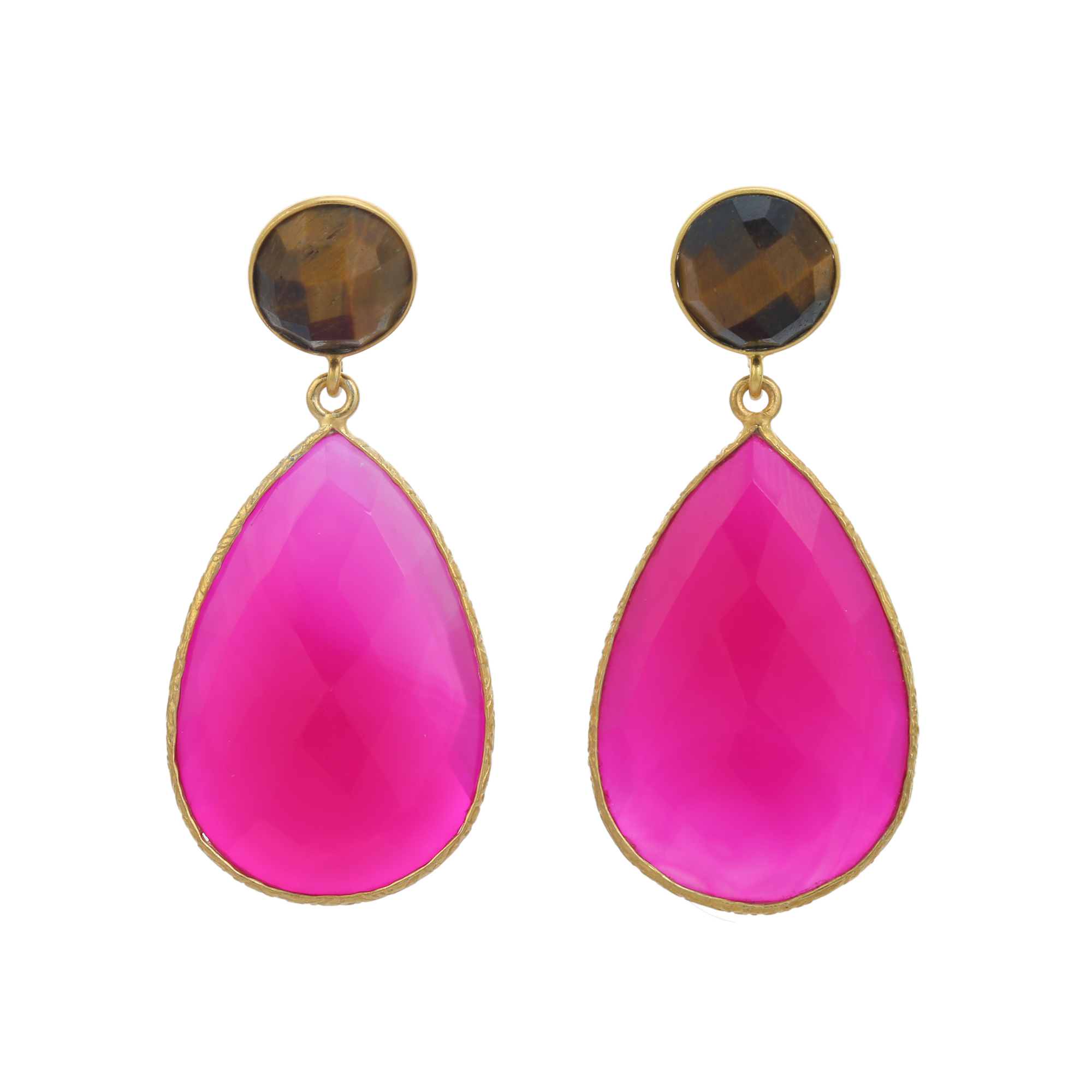 Top Beautiful Natural Tiger Eye Lovely Fuchsia Drop Earring Gold Plated Stainless Steel With Diamond Most Valuable Jewelry Girls (VVJGE 33)