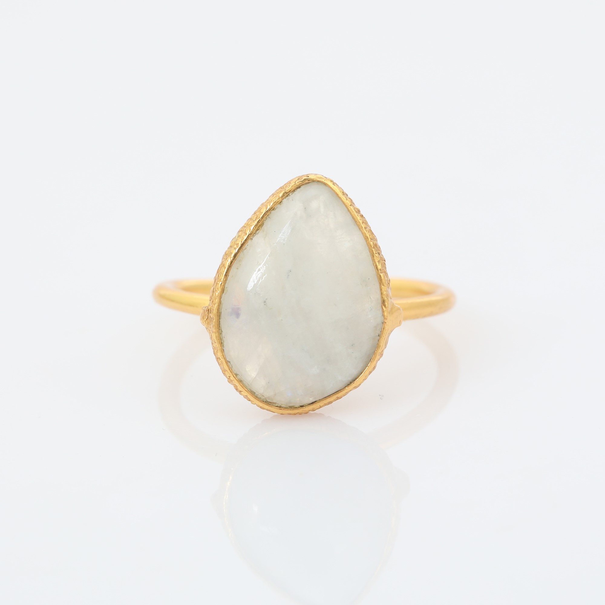 Natural White Rainbow Gemstone Ring 18K Gold Plated 925 Sterling Silver Handmade Bezel Setting Trendy Pear Shape (VVJGR 02)