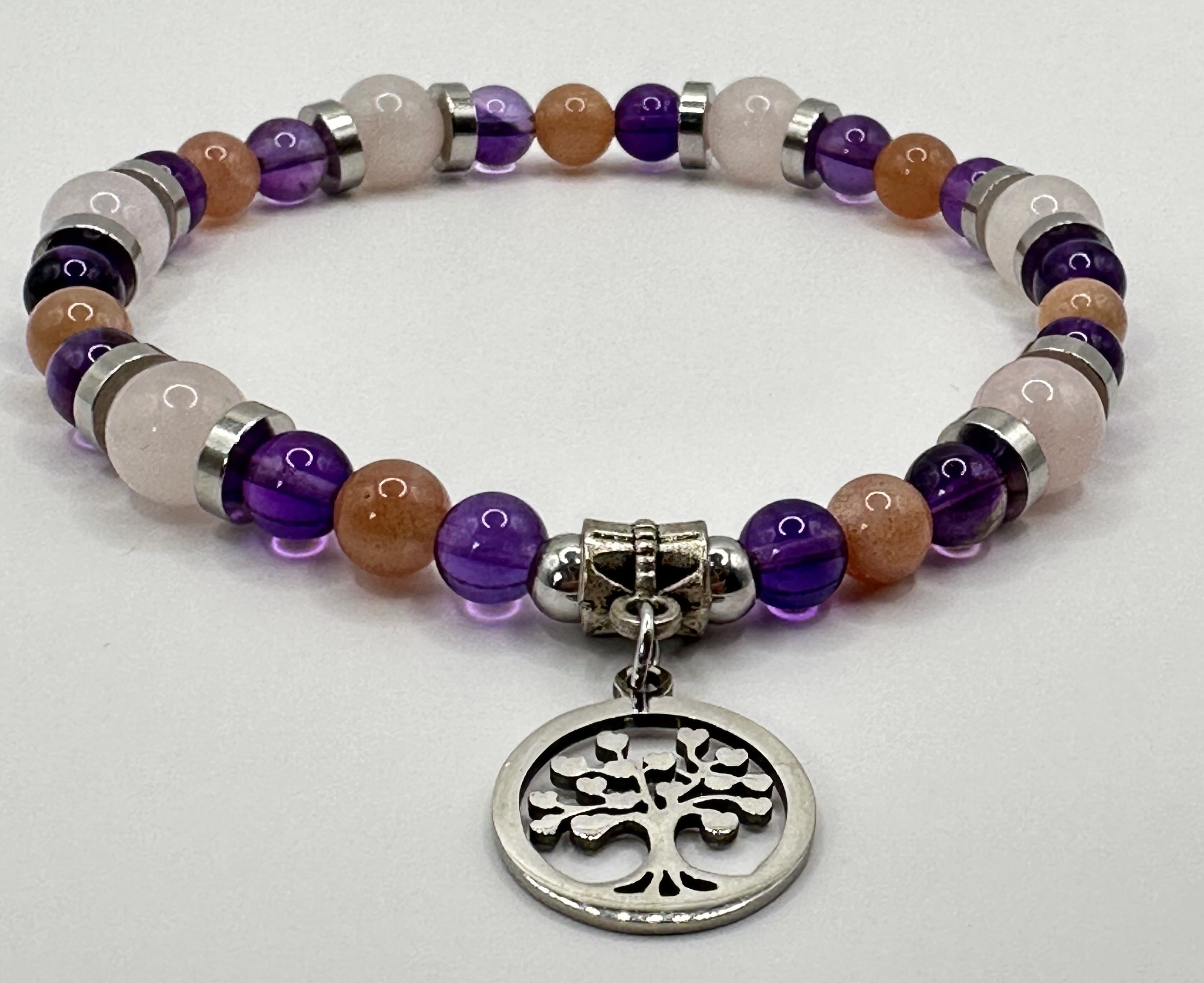 Bracelet améthyste, pierre de soleil et quartz rose 