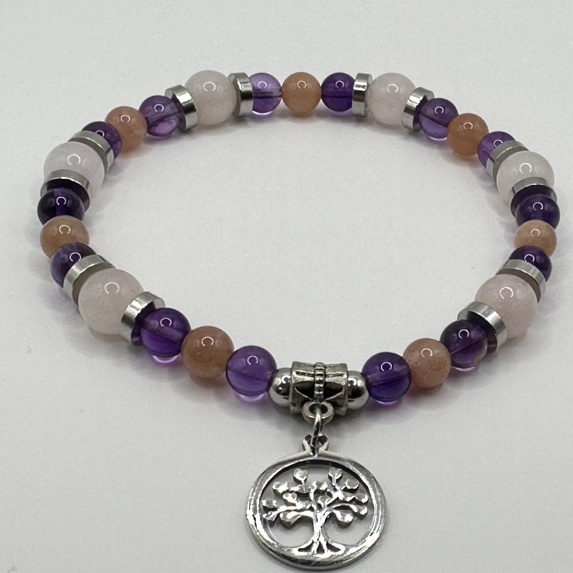 Bracelet améthyste, pierre de soleil et quartz rose 