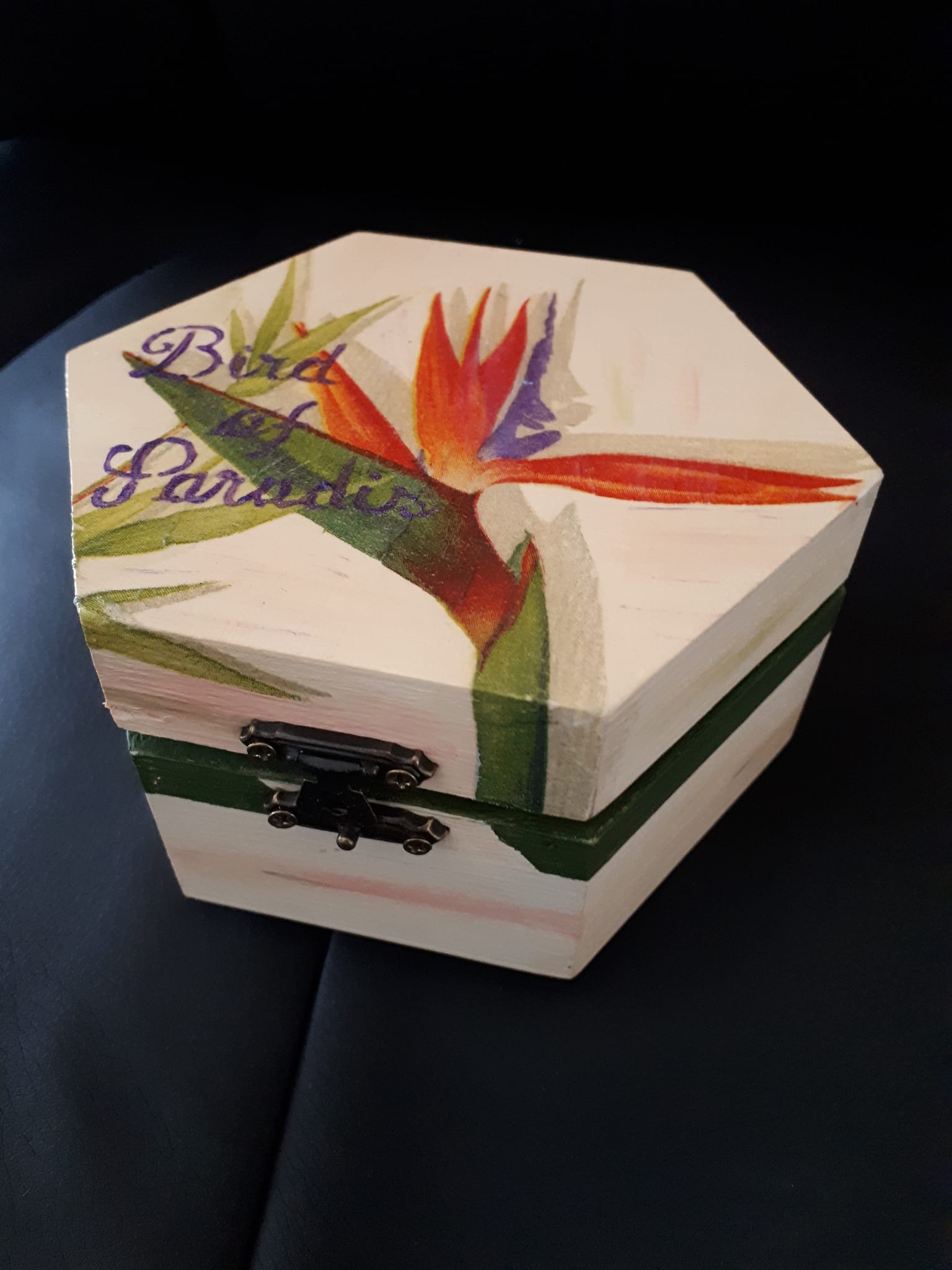 Holzkiste mit Paradiesvogel-Design