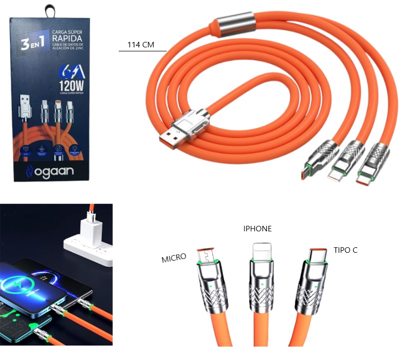 Cable De Datos 3 En 1  6A 120W
