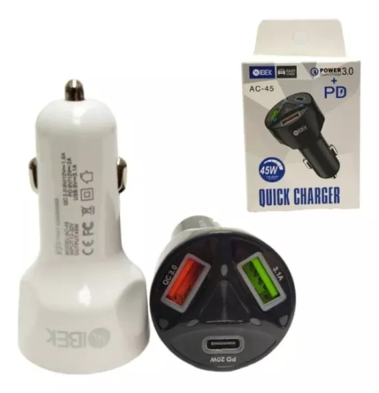 Cargador De Auto Ibek 12v 3 Puertos: 2 Usb /1 Usb C - 3.1a