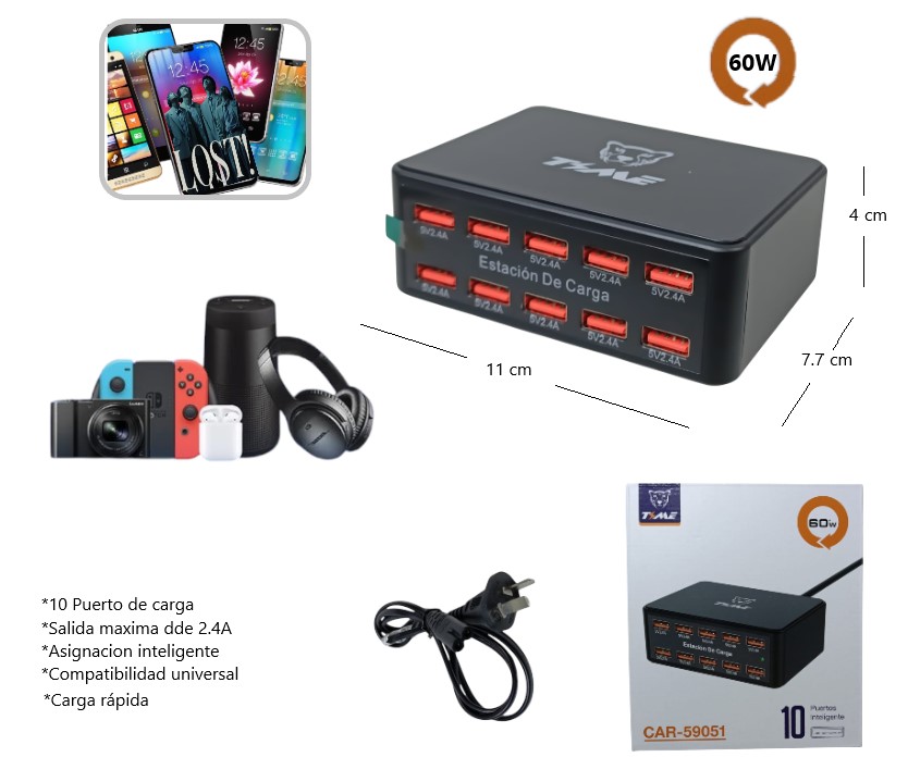 ESTACION DE CARGA 10 PUERTOS USB TOTAL 60W(99924CAR-59051)
