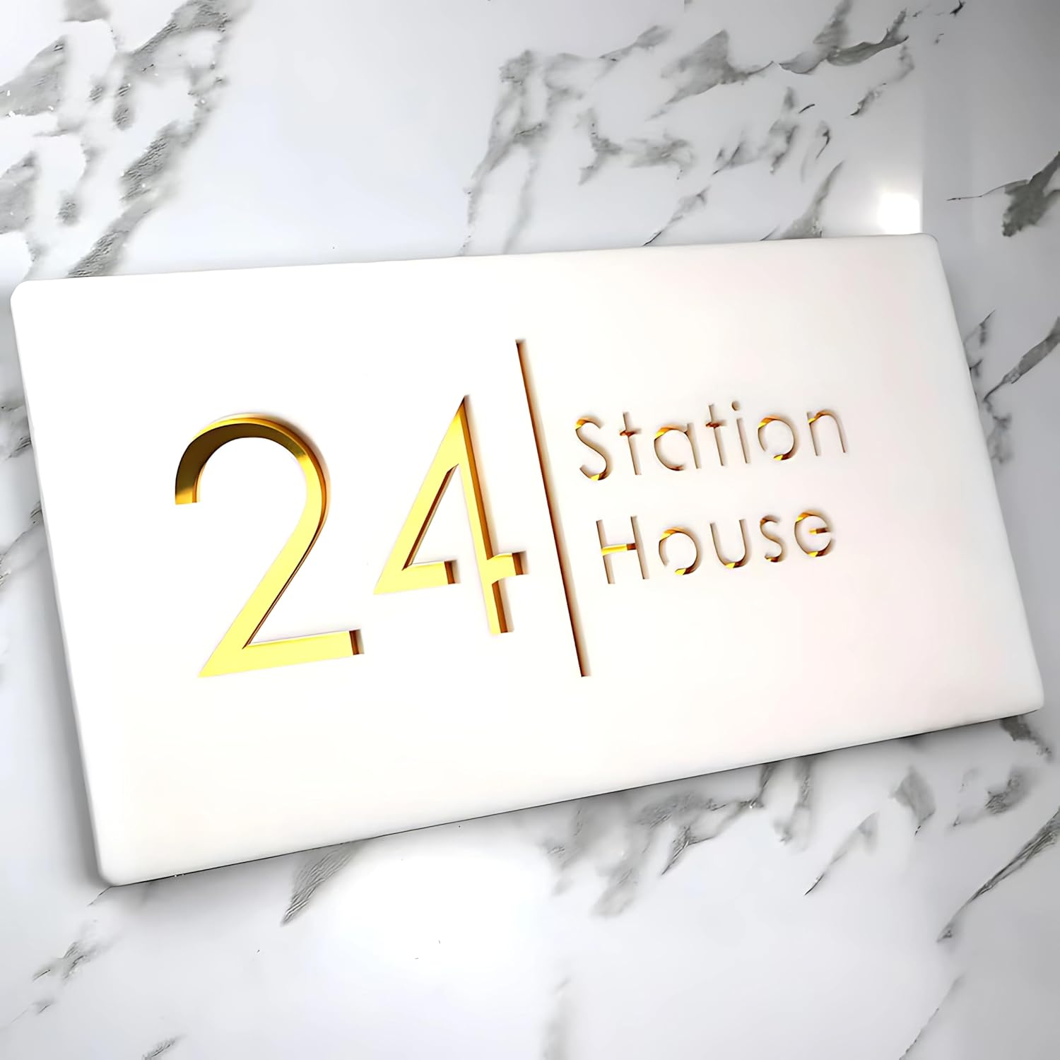 RetroVesta | name plate for home entrance outdoor | white and gold color | 6x12 inches | 6mm thick | acrylic material
