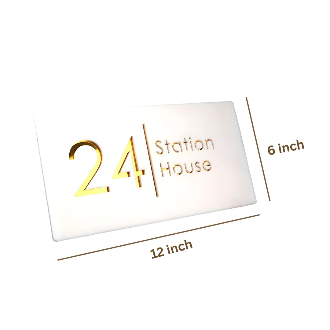 RetroVesta | name plate for home entrance outdoor | white and gold color | 6x12 inches | 6mm thick | acrylic material