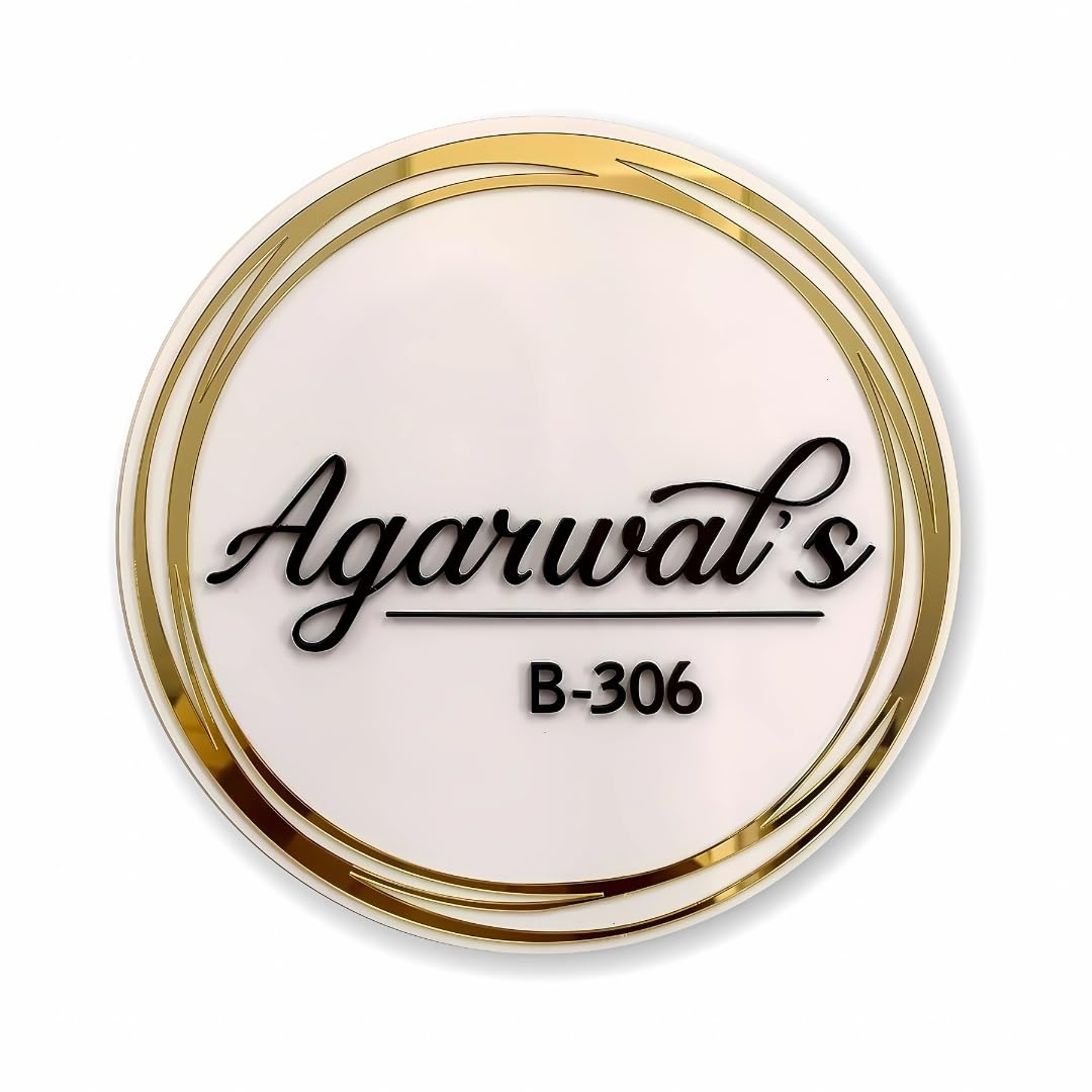 RetroVesta Rings of Gold 10x10 Inch Personalized Acrylic Name Plate – Waterproof Embossed Golden Mirror Door Sign for Home Entrance, Housewarming & Outdoor Decor par (White, 10x10 inch)
