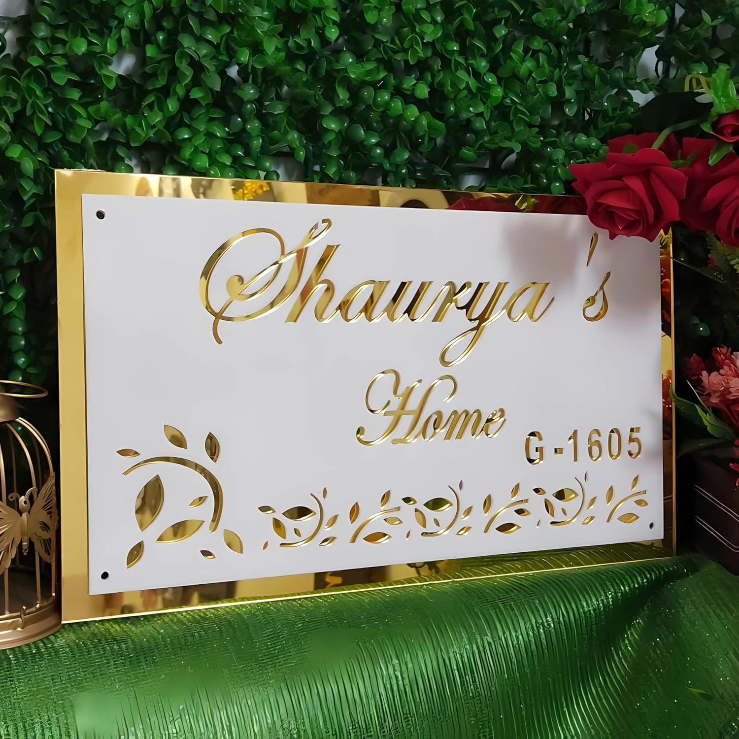 RetroVesta Customized White and Golden Backlit Effect Acrylic Name Plate - 8x12 Inch Personalized Home Name Plate with Golden Acrylic Embossed Letters, Mirror Shine Glossy Finish, for Home, Office Door, Entrance Decoration