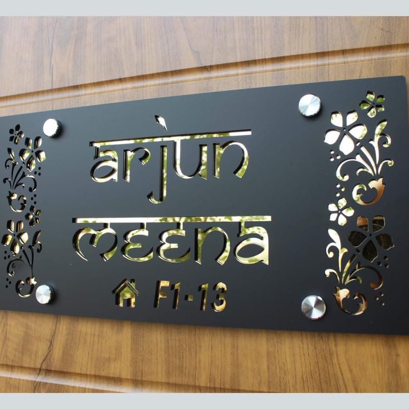 RetroVesta Custom Acrylic Name Plate for Home & Office - Waterproof Designer Door Sign, 6x12 Inches, Ideal for Flats, Apartments & Outdoor Entrances 005 B&R-Flower