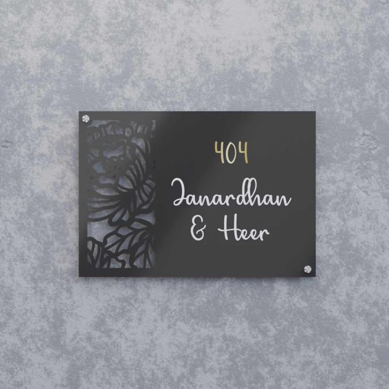 RetroVesta Custom Acrylic Name Plate – Waterproof Designer Door Sign, 8x12 Inches, Perfect for Homes, Offices, Flats, Apartments & Outdoor Entrances 036 B&W-Flower