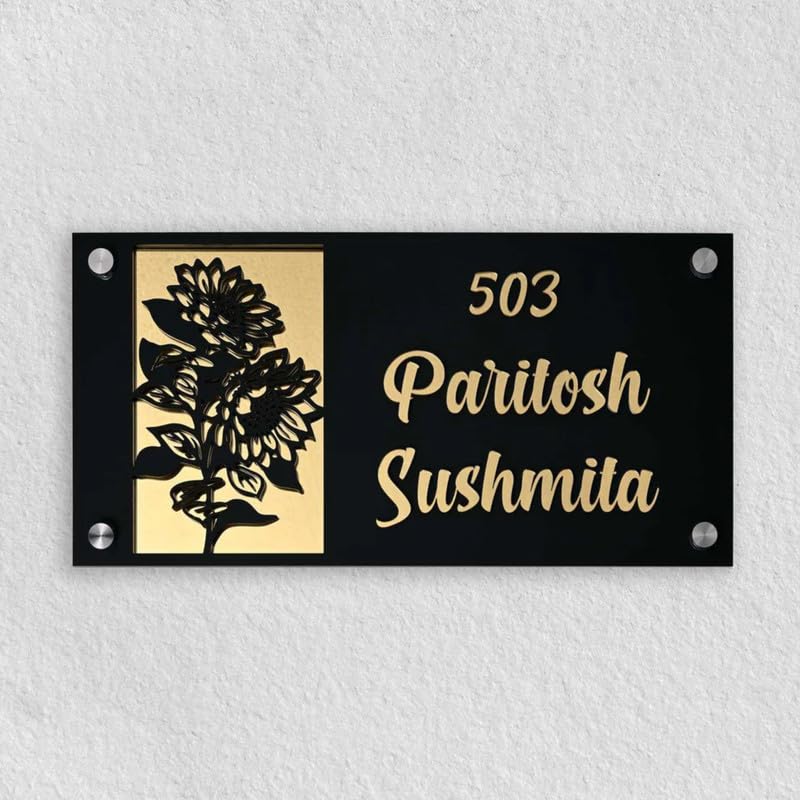 RetroVesta Custom Acrylic Name Plate for Home & Office - Waterproof Designer Door Sign, 6x12 Inches, Ideal for Flats, Apartments & Outdoor Entrances 018 B&G-Flower