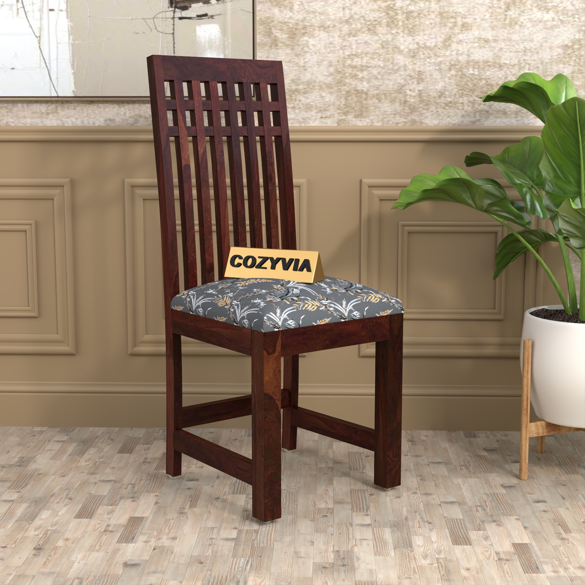 RetroVesta Sheesham Wood Dining Chairs Set of 2 with Floral Printed Cushioned Seat | Wood Dining Room Chairs for Home, Kitchen & Living Room | Teak Finish Wooden Chairs with High Backrest Dark Brown