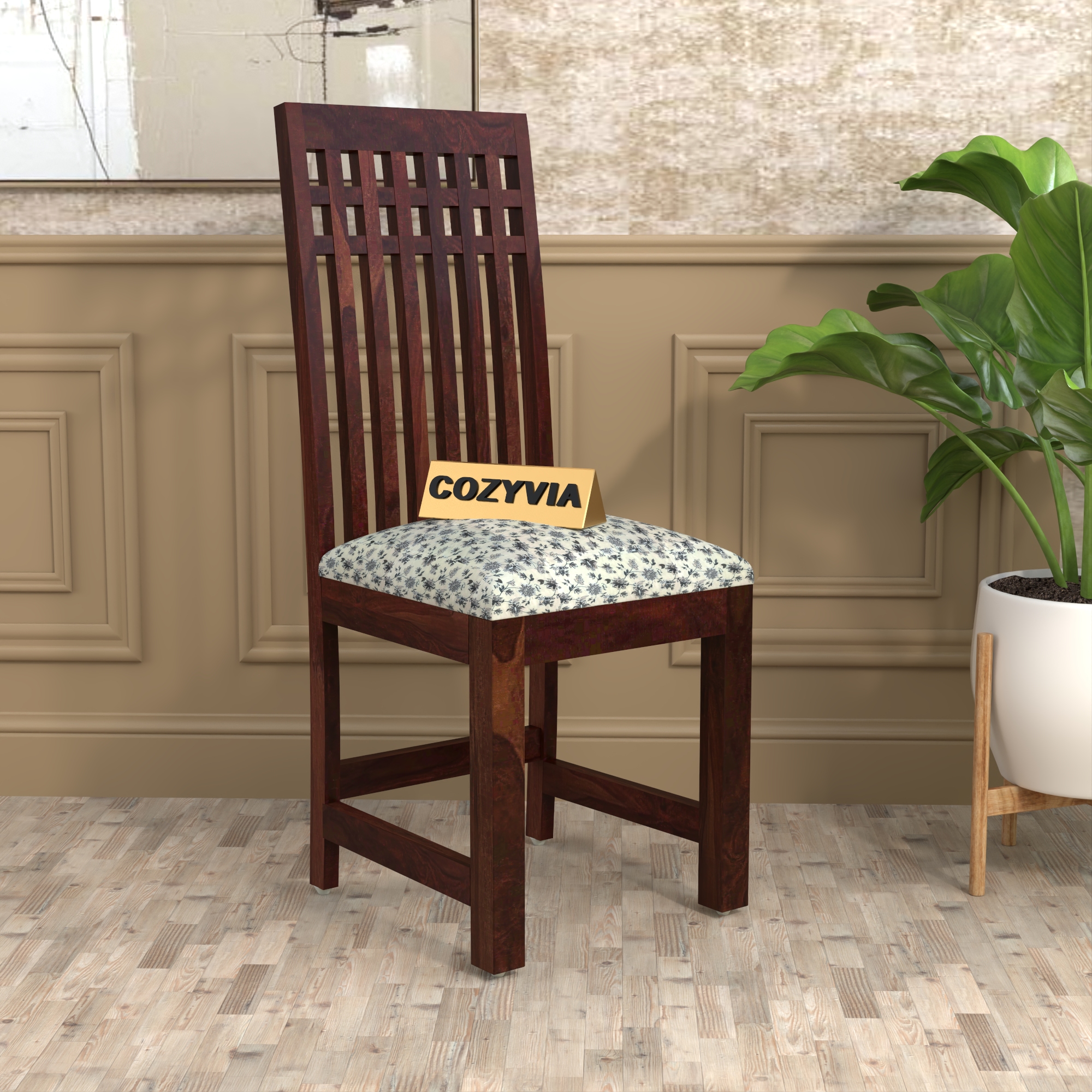 RetroVesta Sheesham Wood Dining Chairs Set of 2 | Wooden Chairs with Beige Floral Printed Cushioned Seat | Upholstery & Teak Finish Chairs for Dining Room, Living Room & Home Furniture Dark Brown
