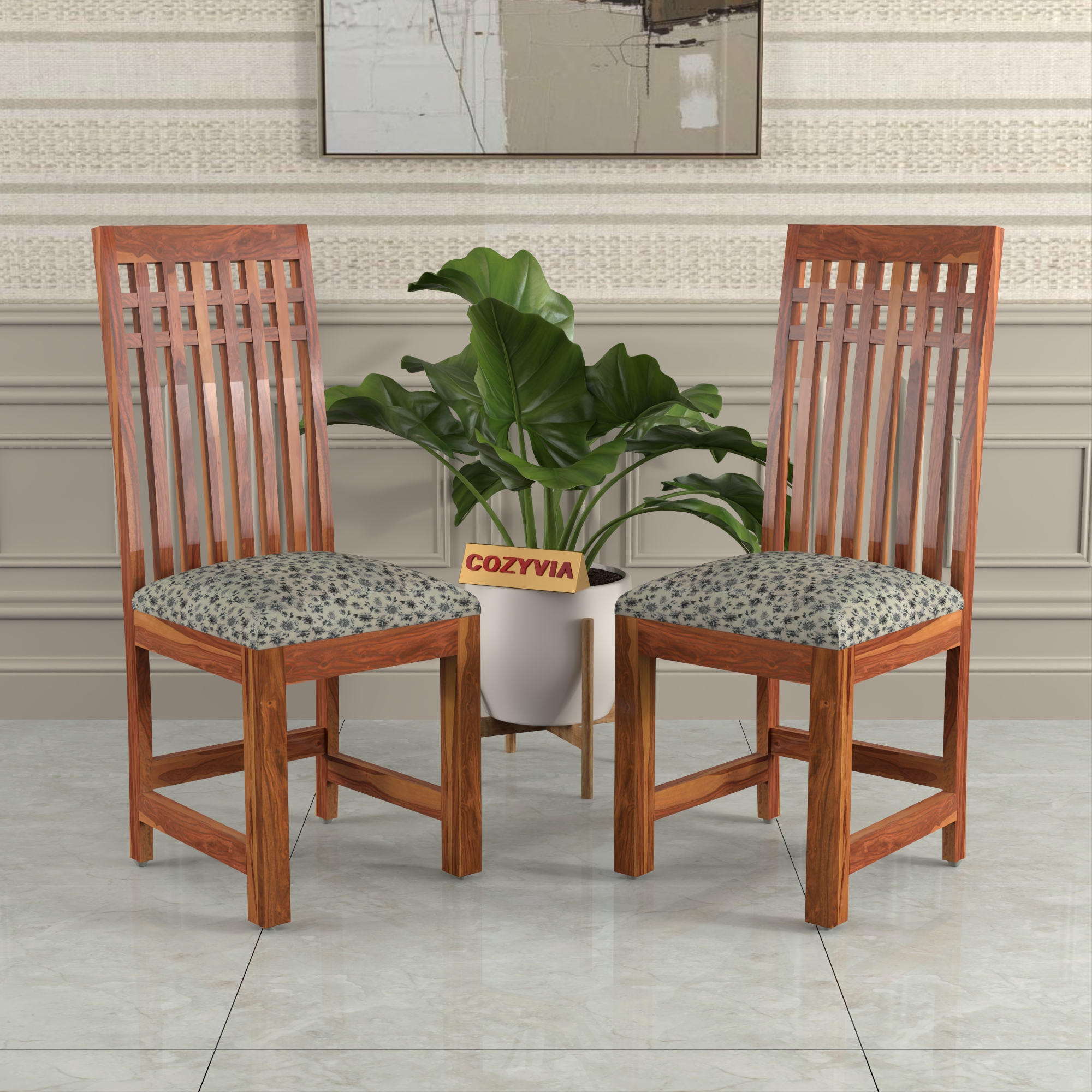 RetroVesta Sheesham Wood Dining Chairs Set of 2 with Floral Printed Cushioned Seat | Wood Dining Room Chairs for Home, Kitchen & Living Room | Teak Finish Wooden Chairs with High Backrest Light Brown