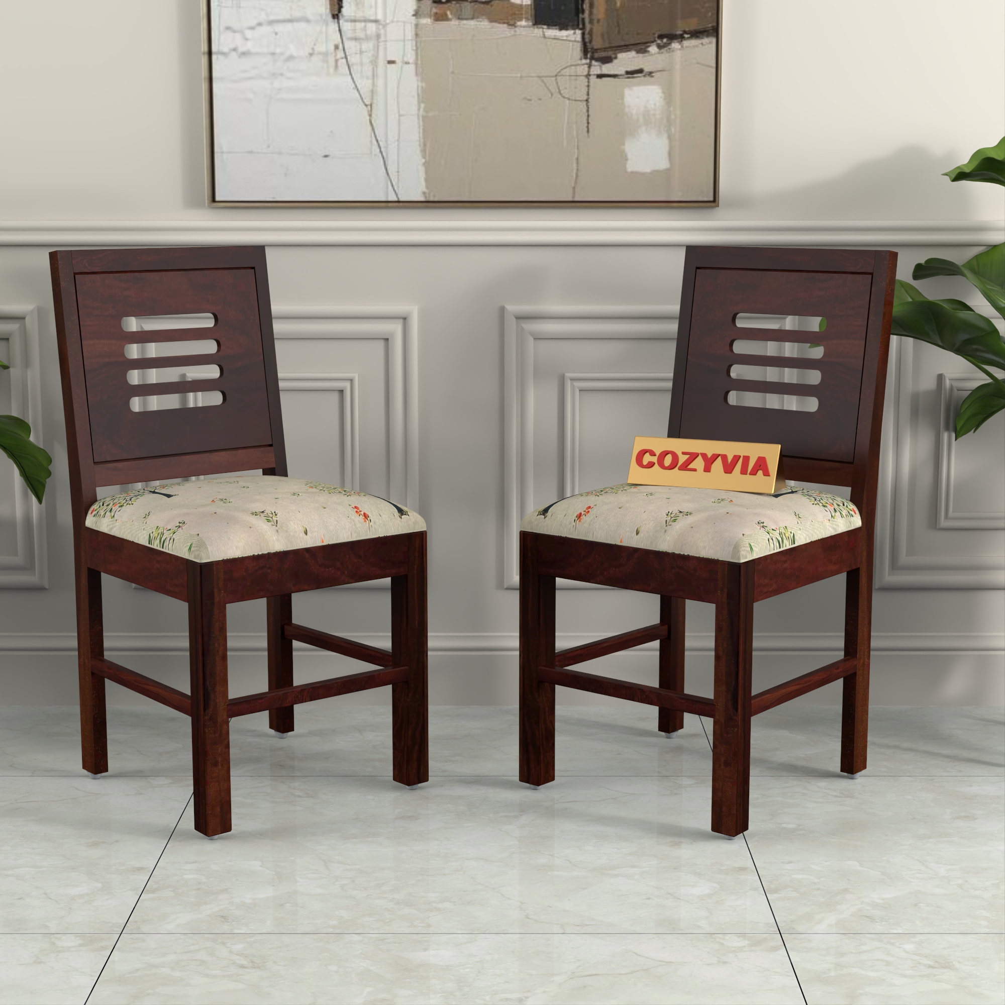 RetroVesta Wooden Dining Chairs Set of 2 with Cushion Seat Sheesham Wood Chairs with Premium Beige Floral Print Upholstery, Wooden Chairs for Dining Room, Living Room & Office Dark Brown