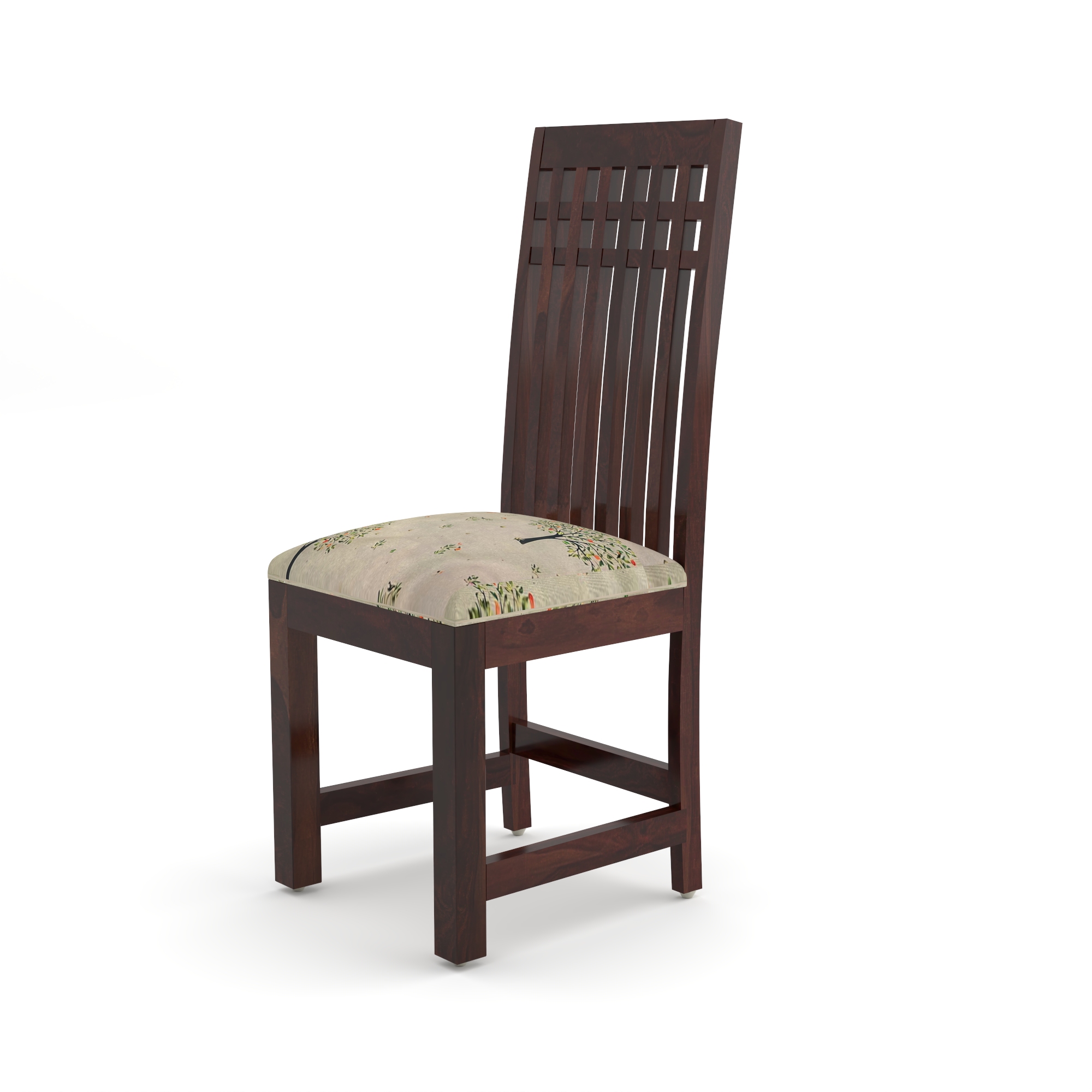 RetroVesta Sheesham Wood Dining Chairs Set of 2 | Wooden Chairs with Beige Tree Print Cushioned Seat | Fabric Upholstery | Teak Finish Dining Room Chairs for Home & Living Room Dark Brown